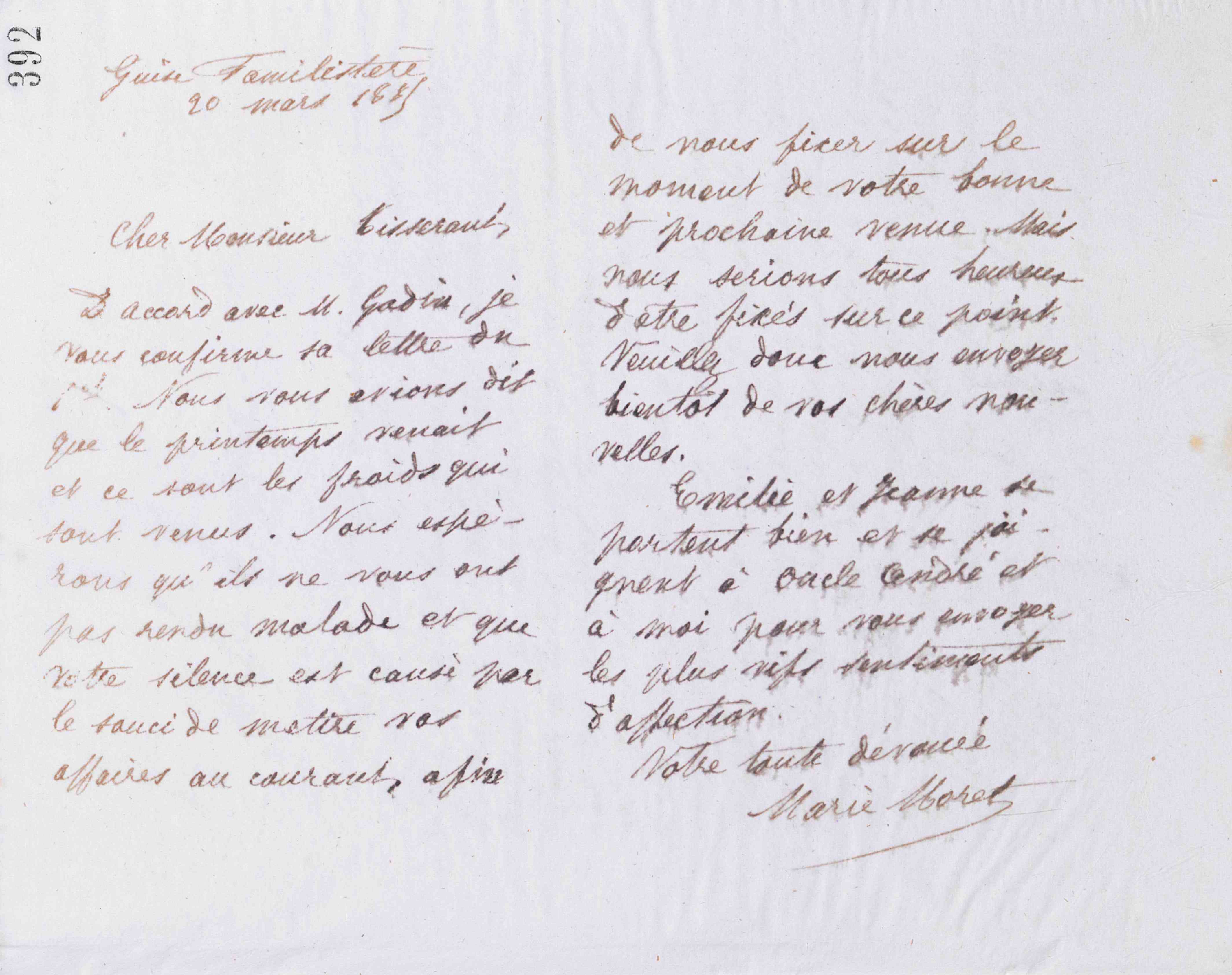 Marie Moret à Alexandre Tisserant, 20 mars 1885