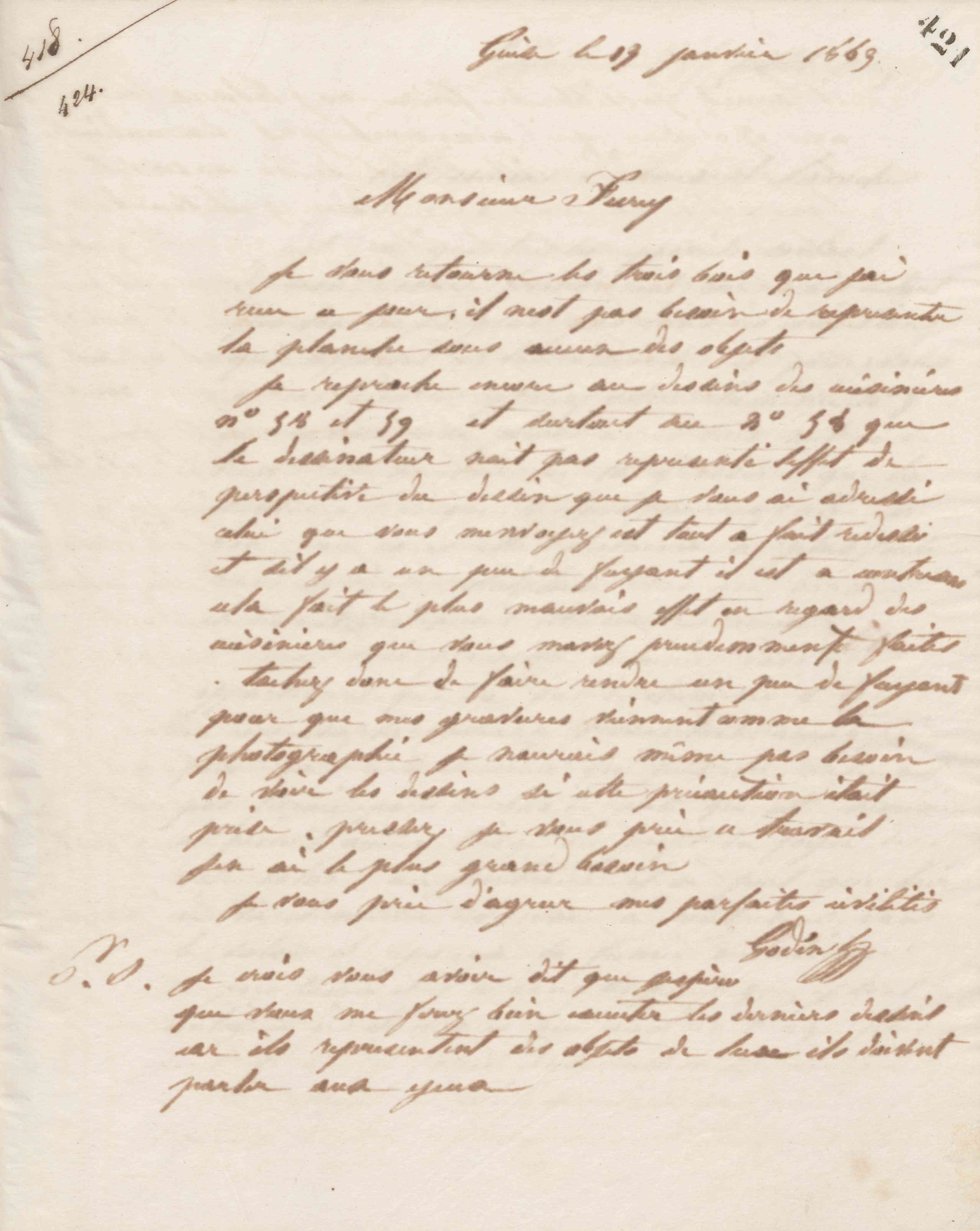 Jean-Baptiste André Godin à monsieur C. H. Furcy, 13 janvier 1863