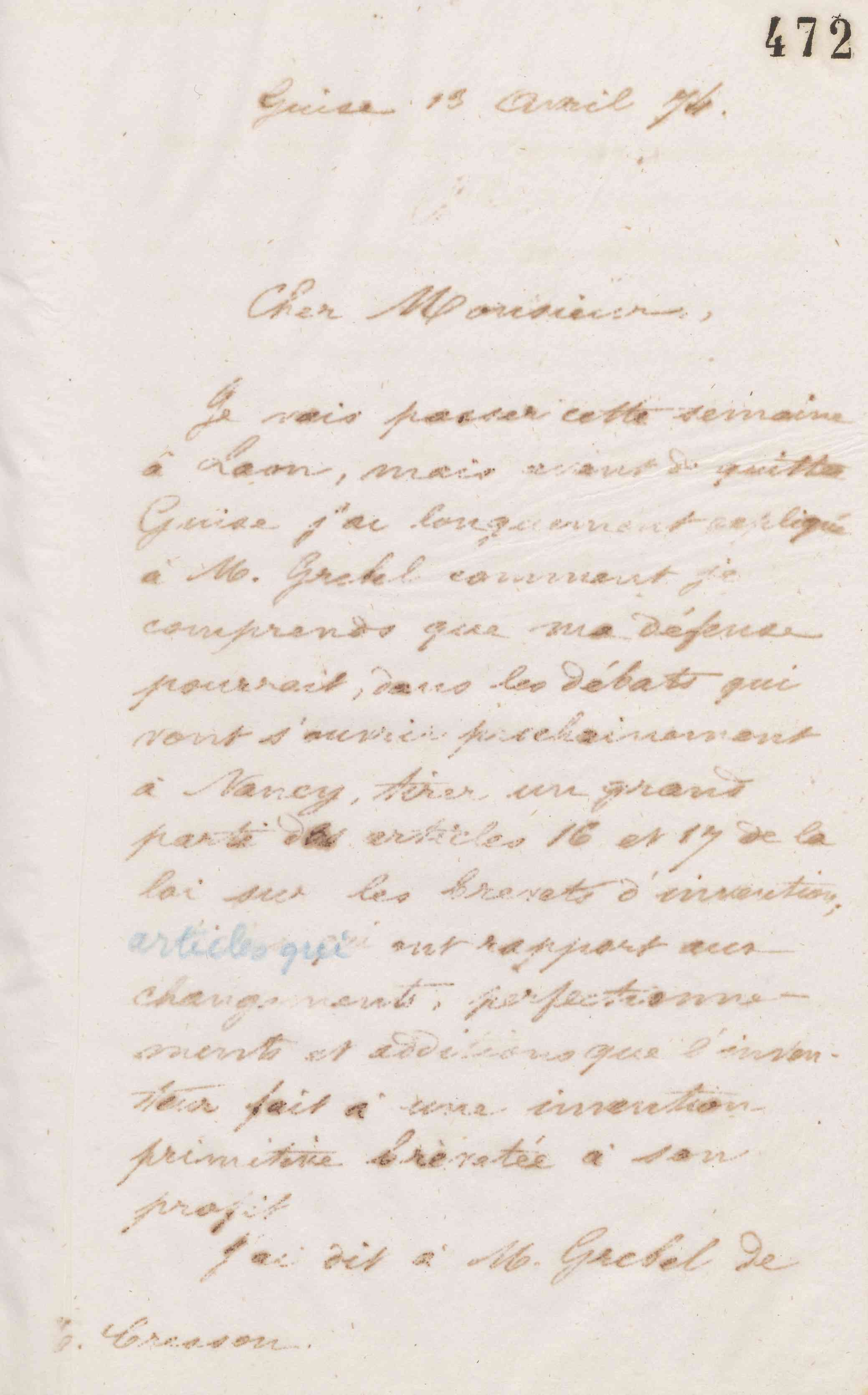 Jean-Baptiste André Godin à Guillaume Ernest Cresson, 13 avril 1874