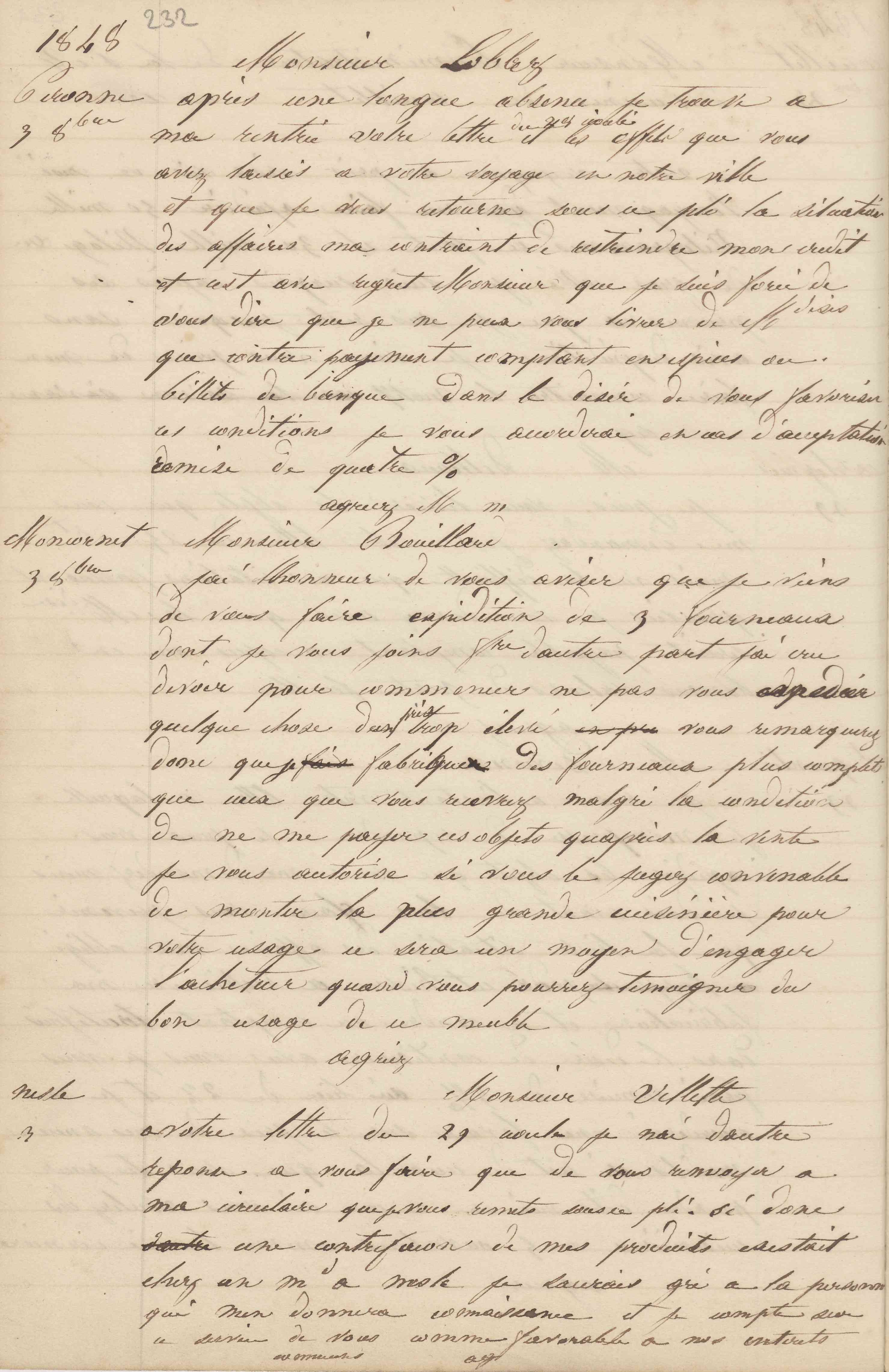Jean-Baptiste André Godin à monsieur Bouillard, 3 octobre 1848