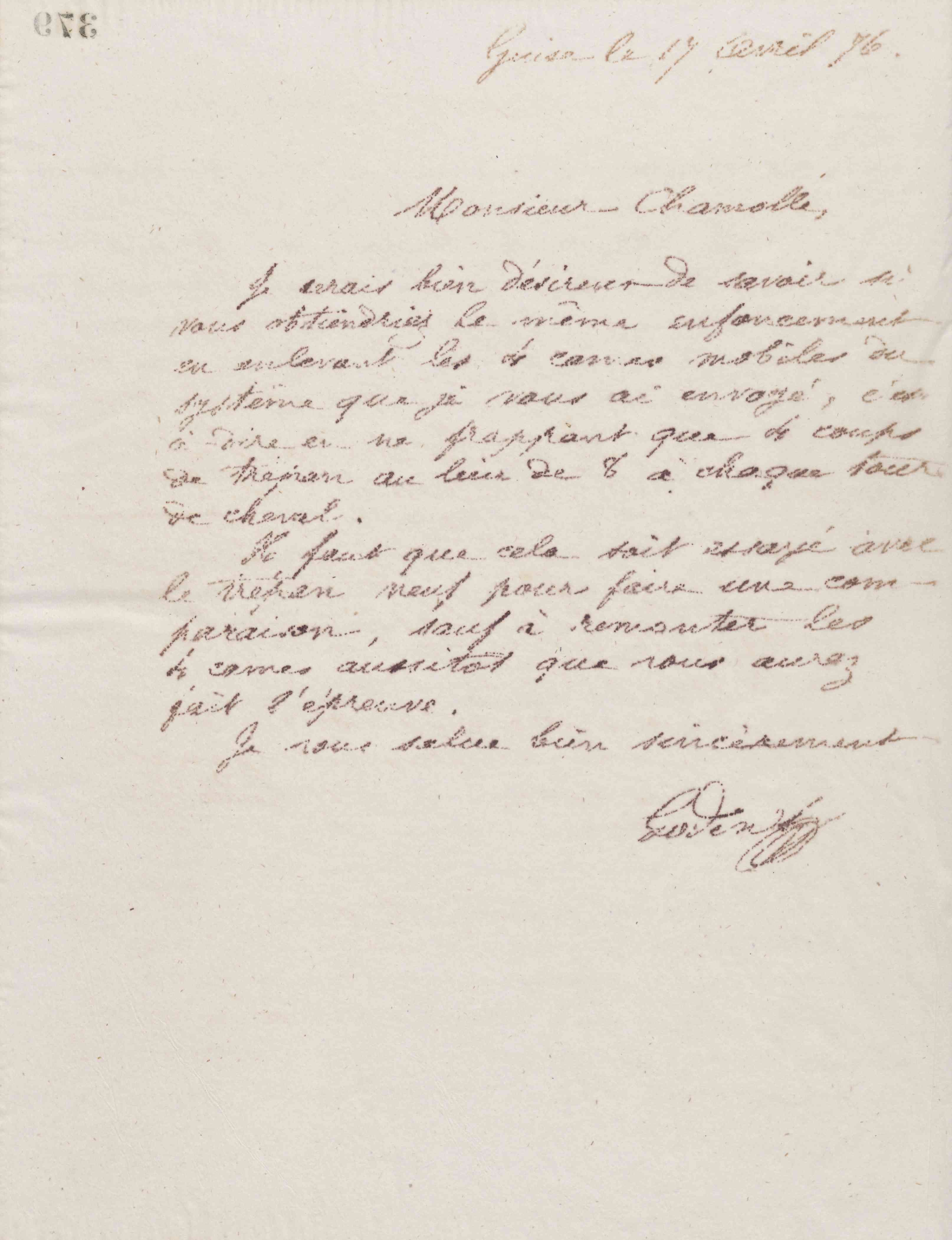Jean-Baptiste André Godin à monsieur Chamolle, 17 avril 1876