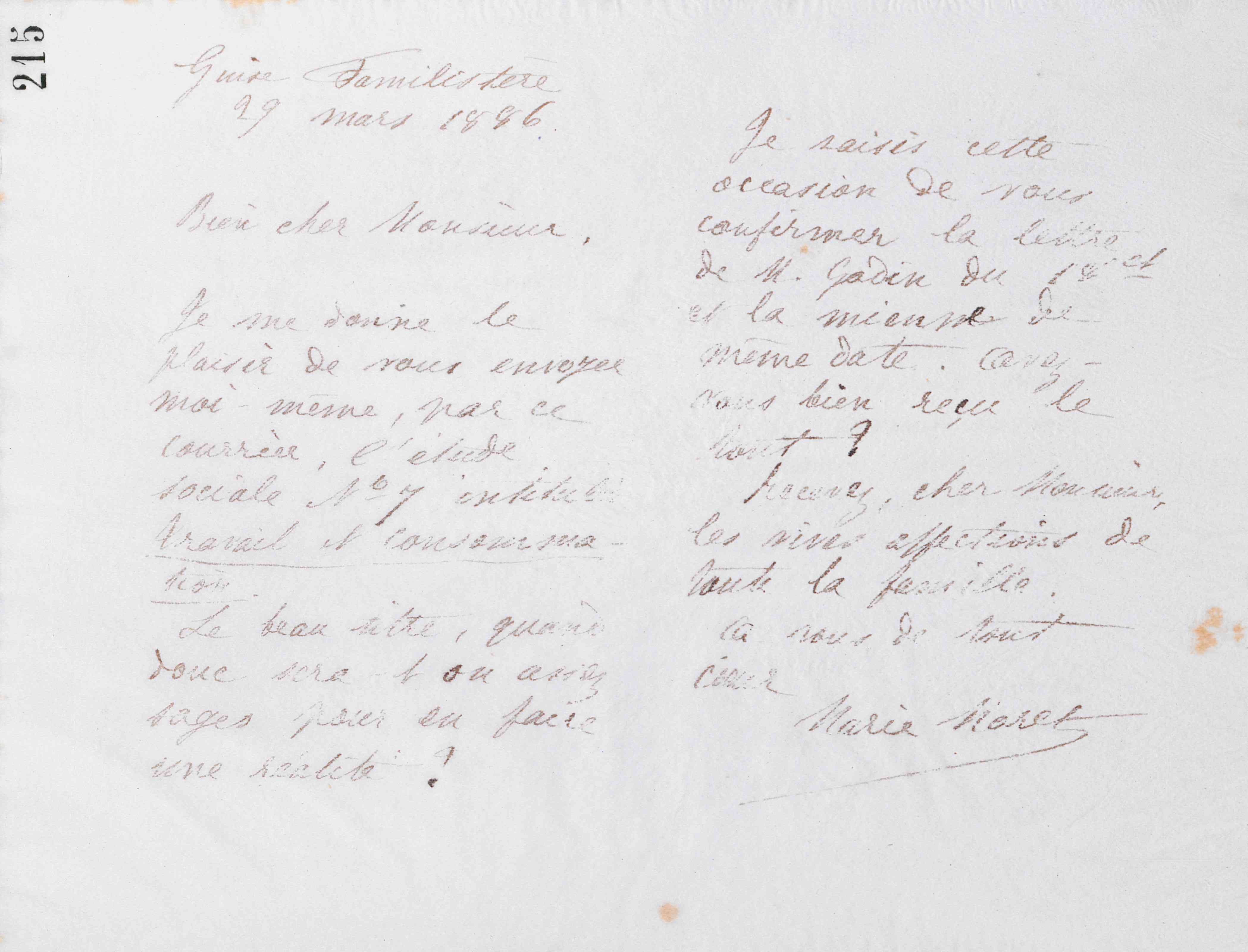 Marie Moret à Alexandre Tisserant, 29 mars 1886