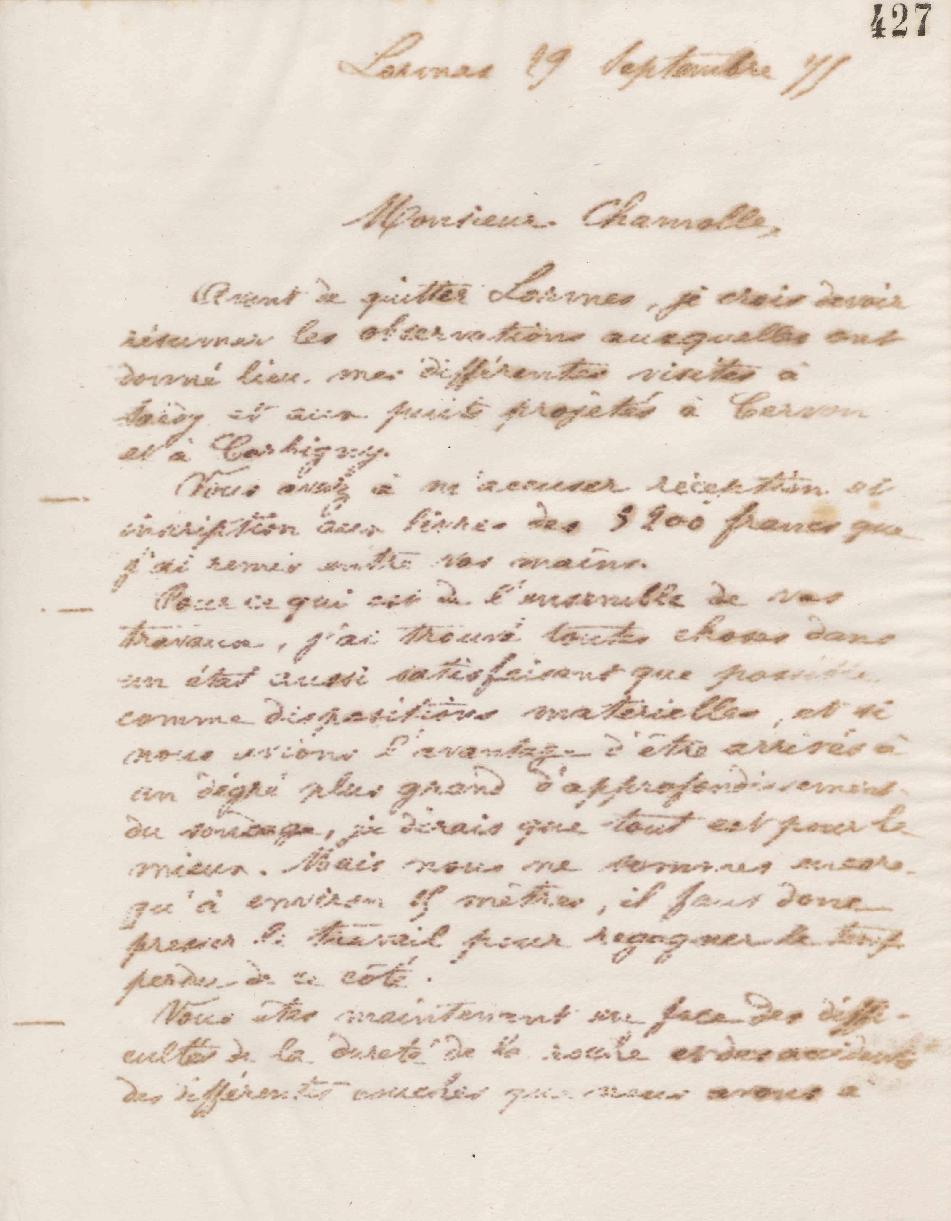 Jean-Baptiste André Godin à monsieur Chamolle, 29 septembre 1875