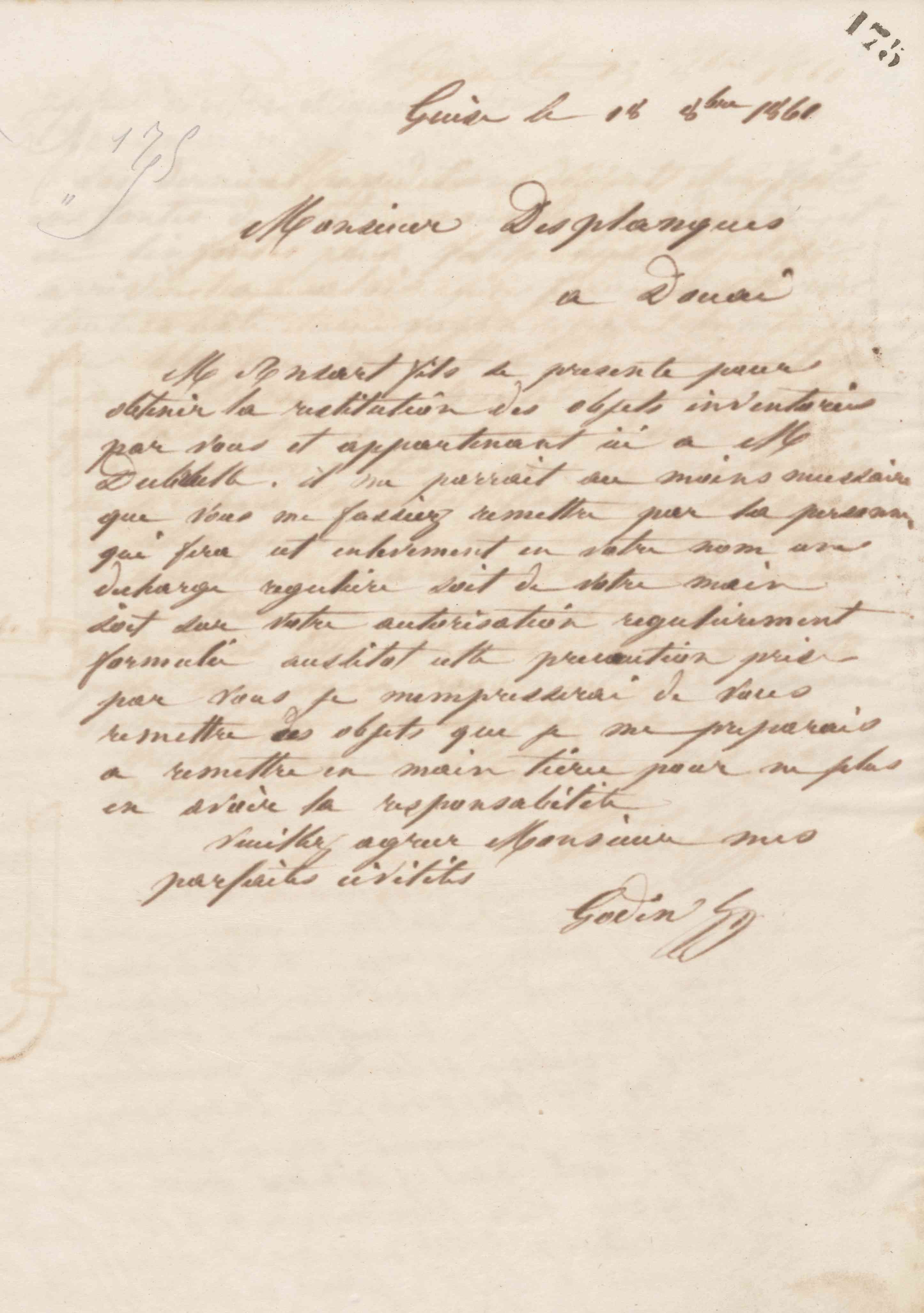 Jean-Baptiste André Godin à monsieur Desplanque, 18 octobre 1861
