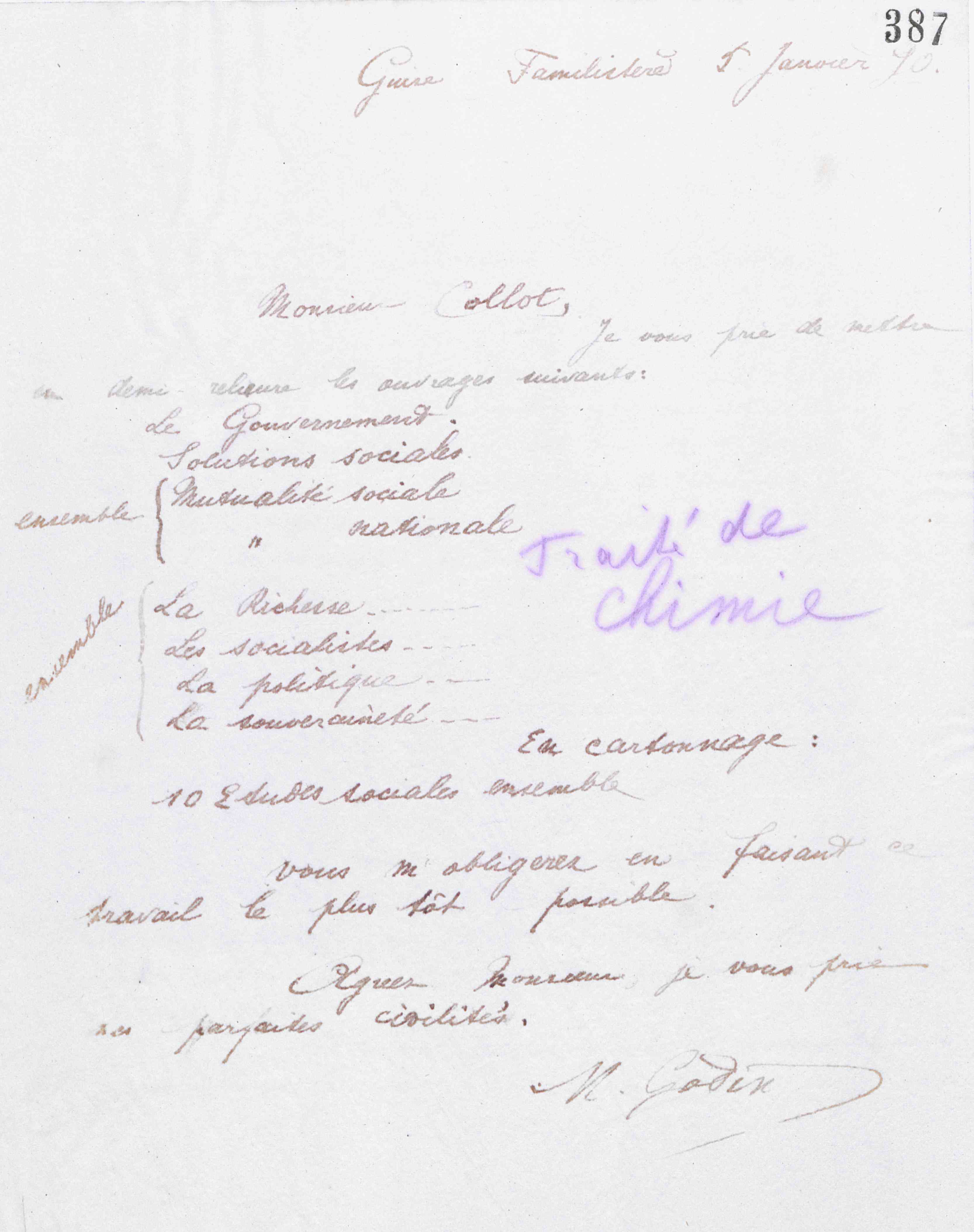 Marie Moret à monsieur Collot, 5 janvier 1890 Marie Moret à monsieur Collot, 5 janvier 1890