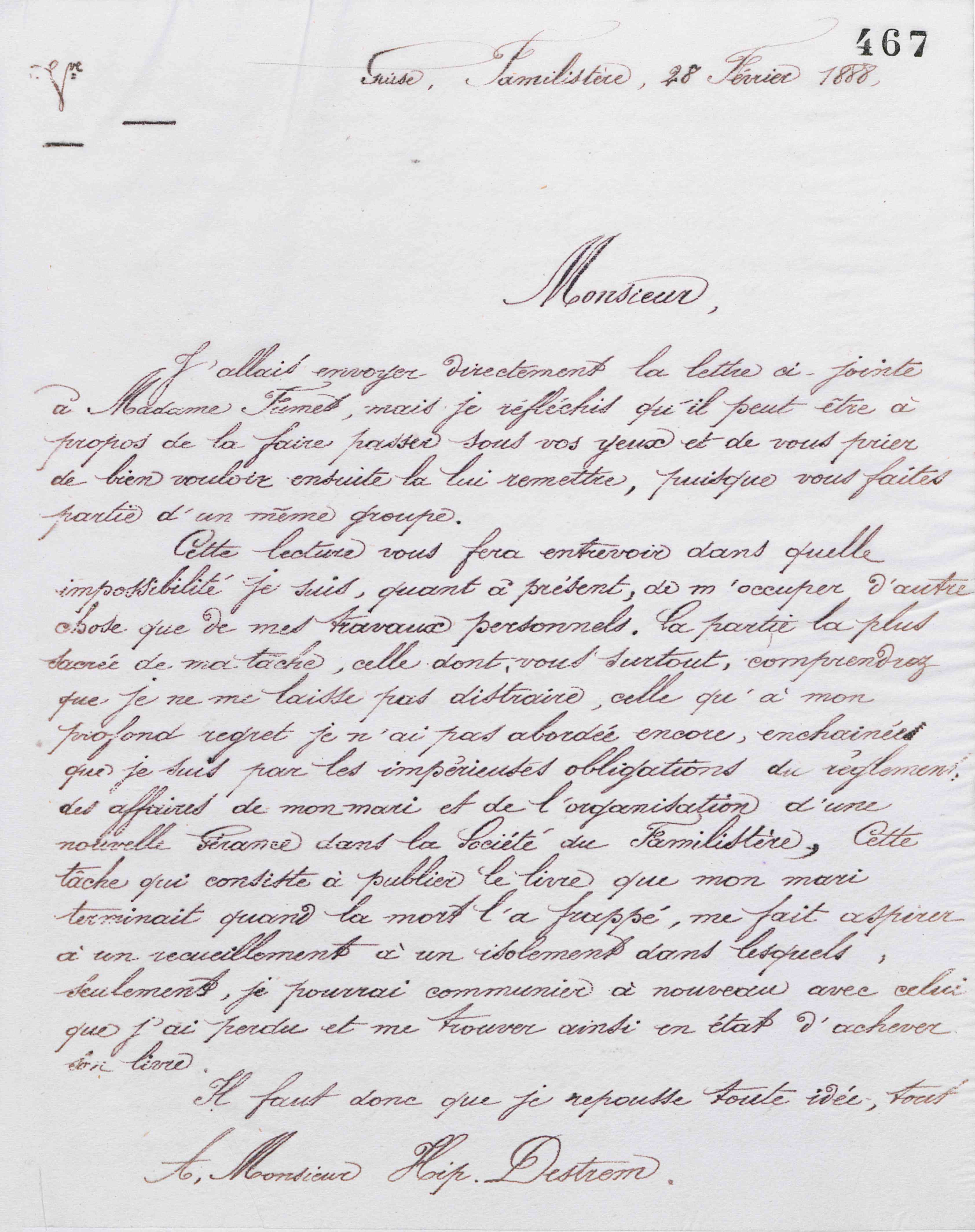 Marie Moret à Hippolyte Destrem, 28 février 1888