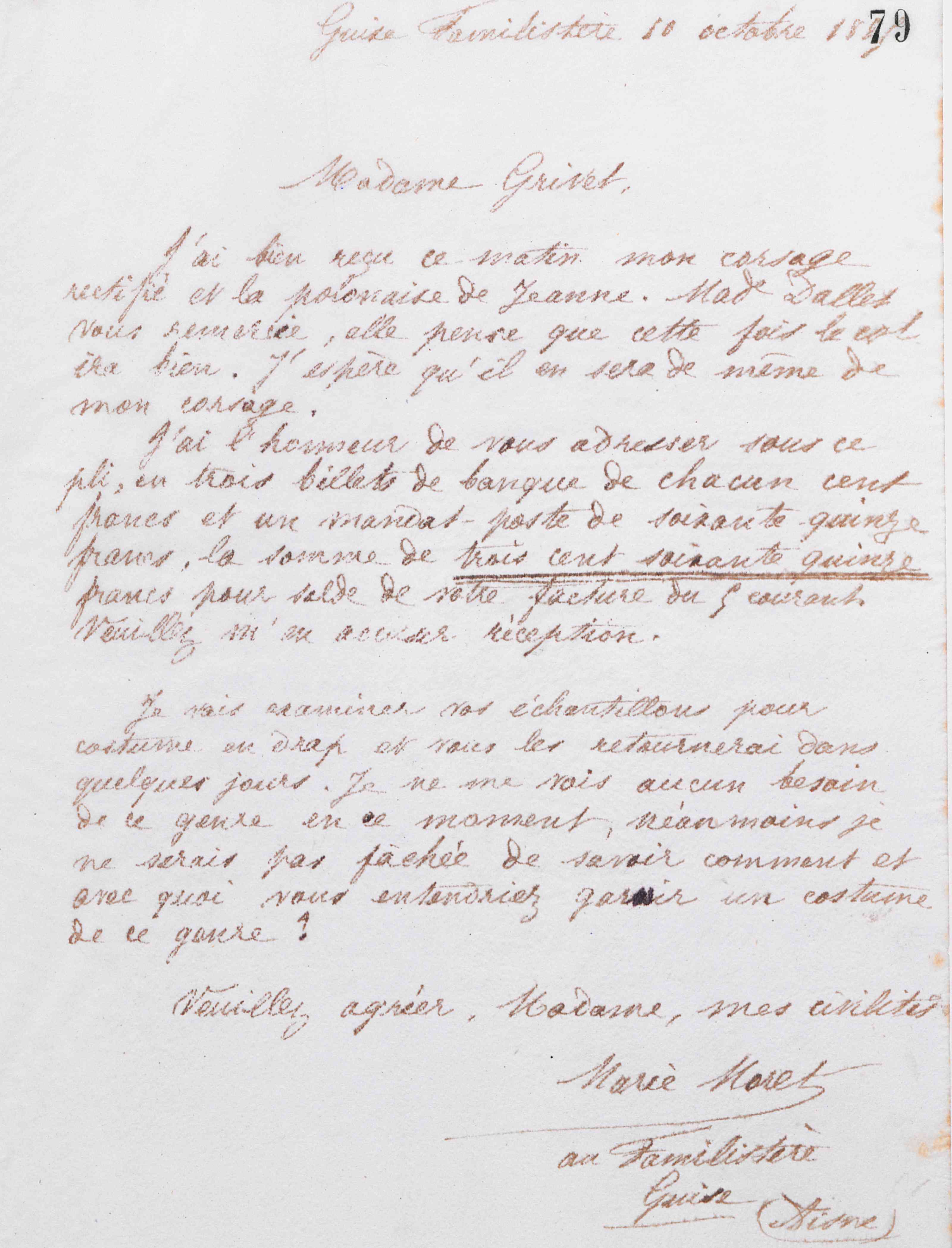 Marie Moret à madame Grivet, 10 octobre 1885