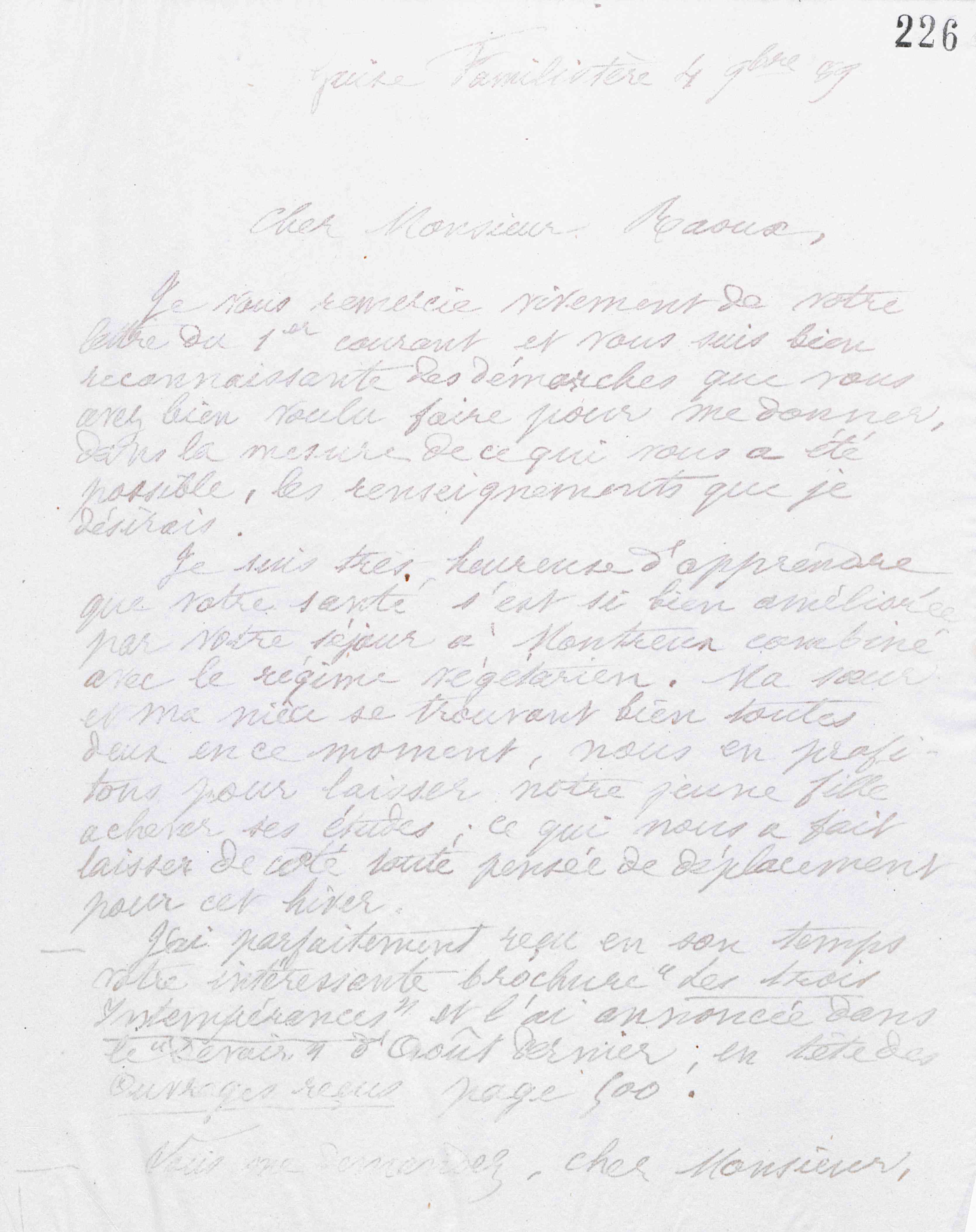 Marie Moret à Édouard Raoux, 4 novembre 1889