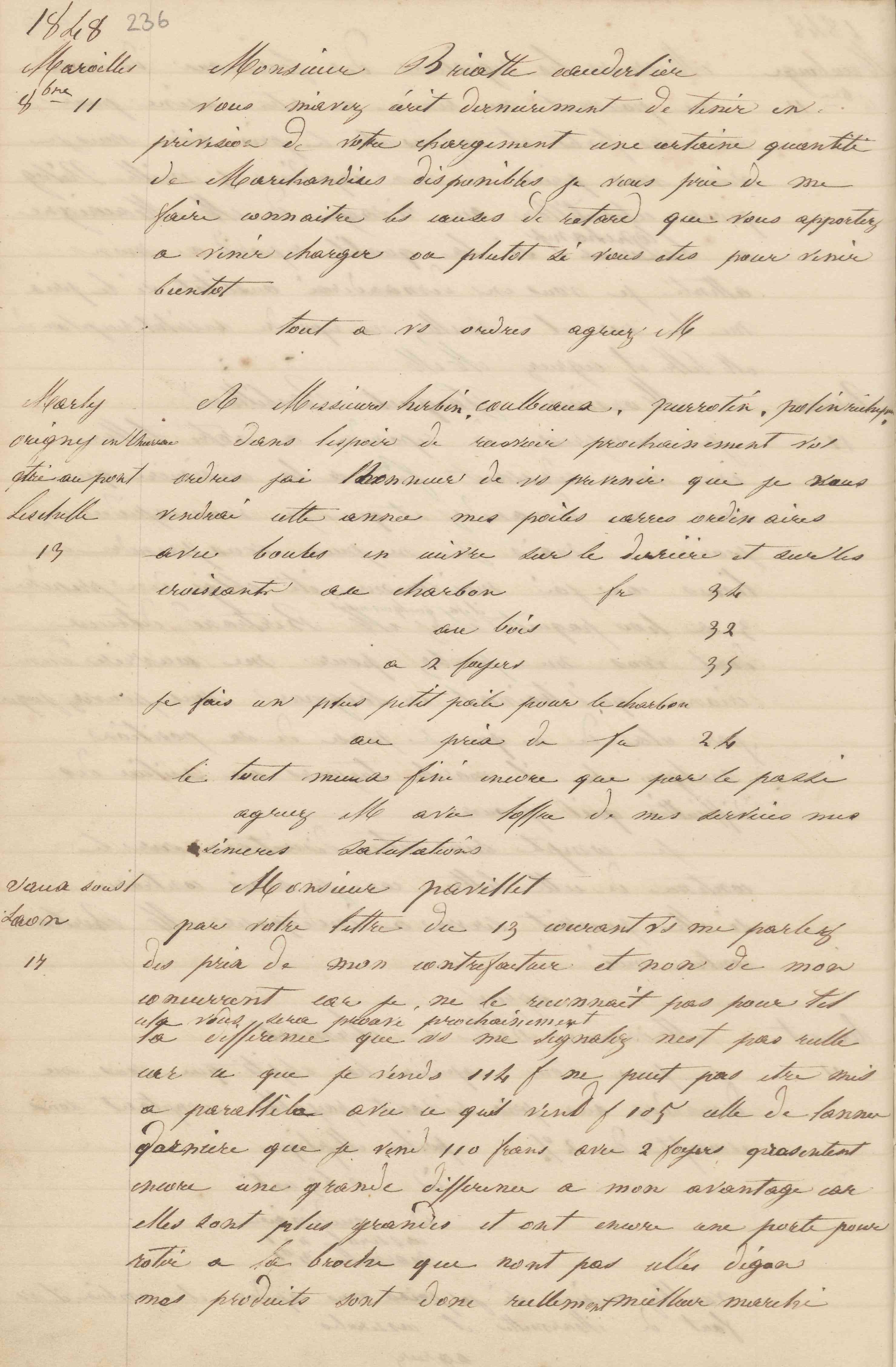 Jean-Baptiste André Godin à monsieur Briatte-Cauderlier, 11 octobre 1848
