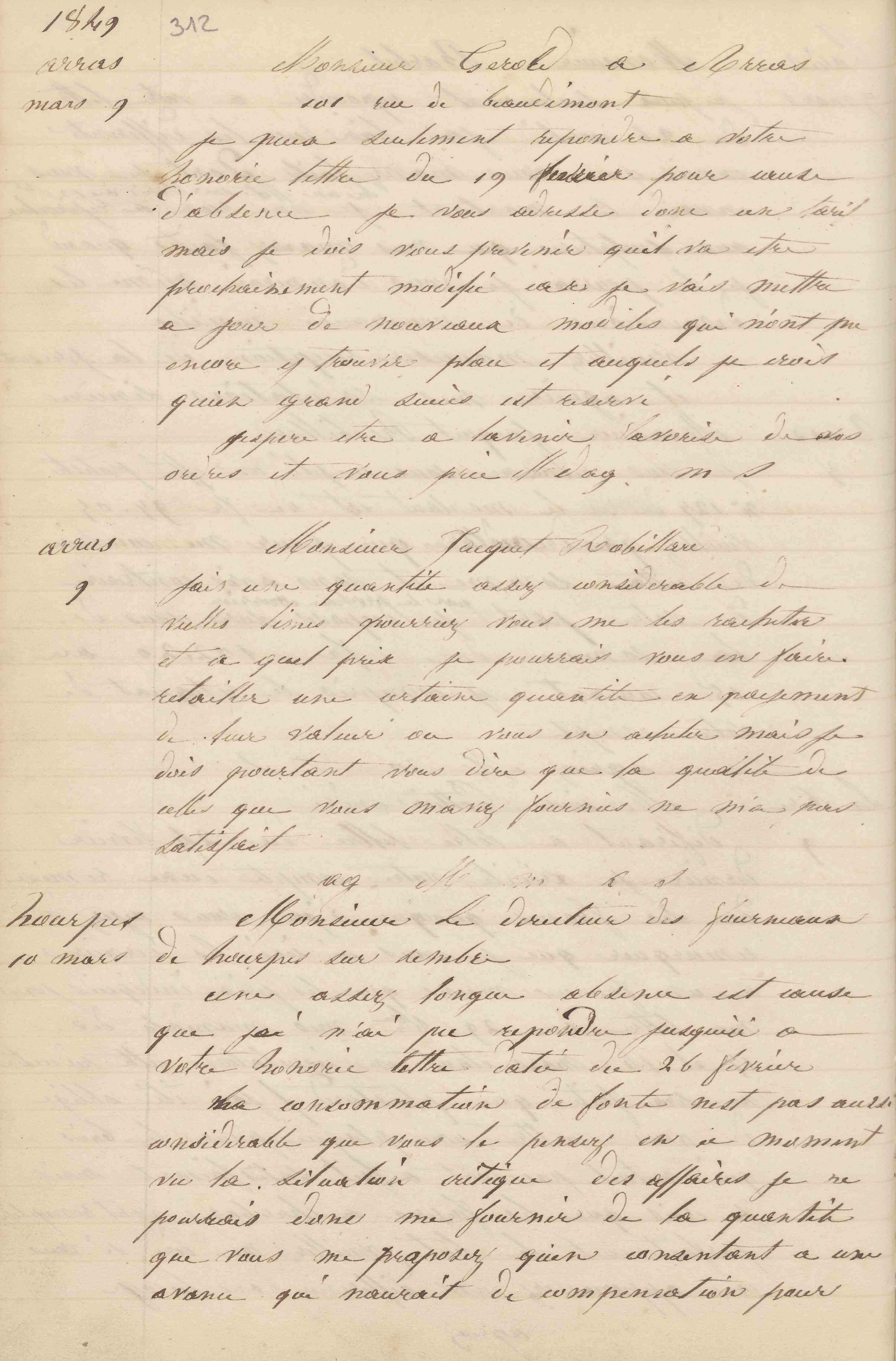 Jean-Baptiste André Godin à monsieur Jacquet-Robillard, 9 mars 1849