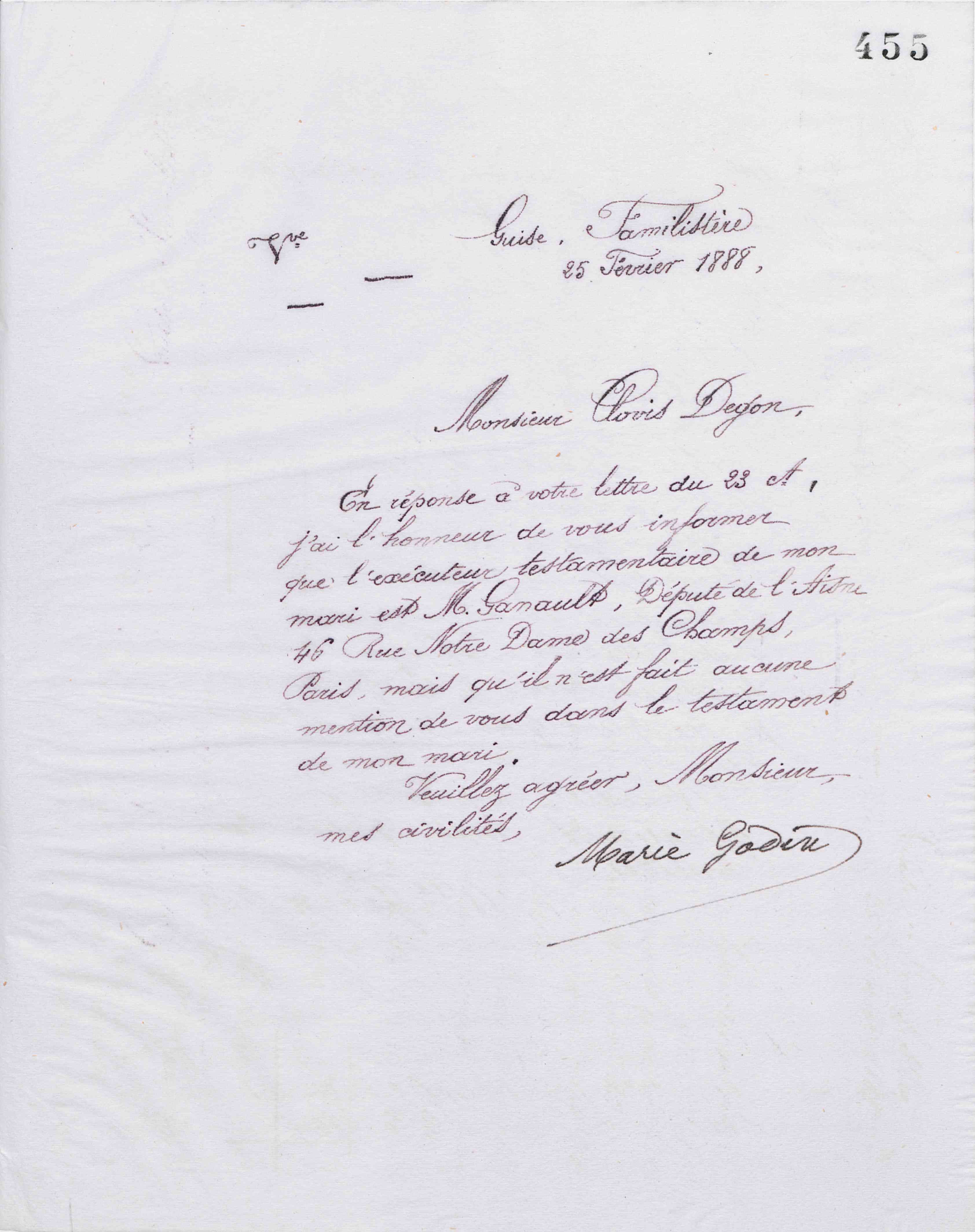 Marie Moret à Clovis Degon, 25 février 1888
