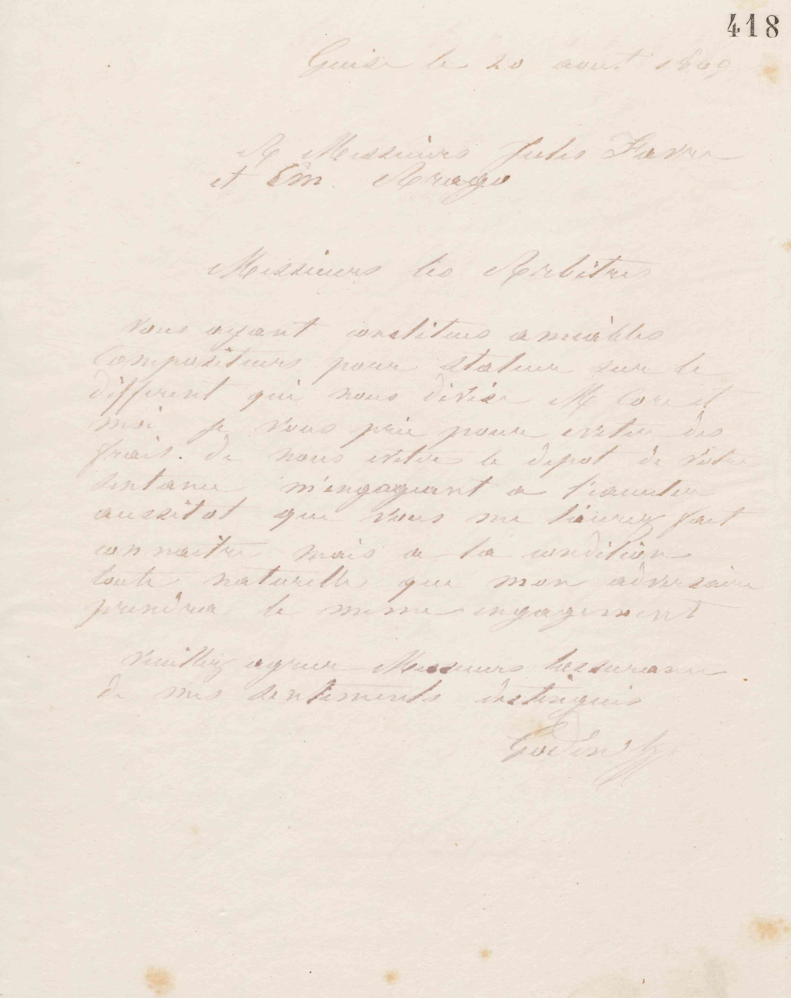 Jean-Baptiste André Godin à Jules Favre et à Emmanuel Arago, 20 août 1869