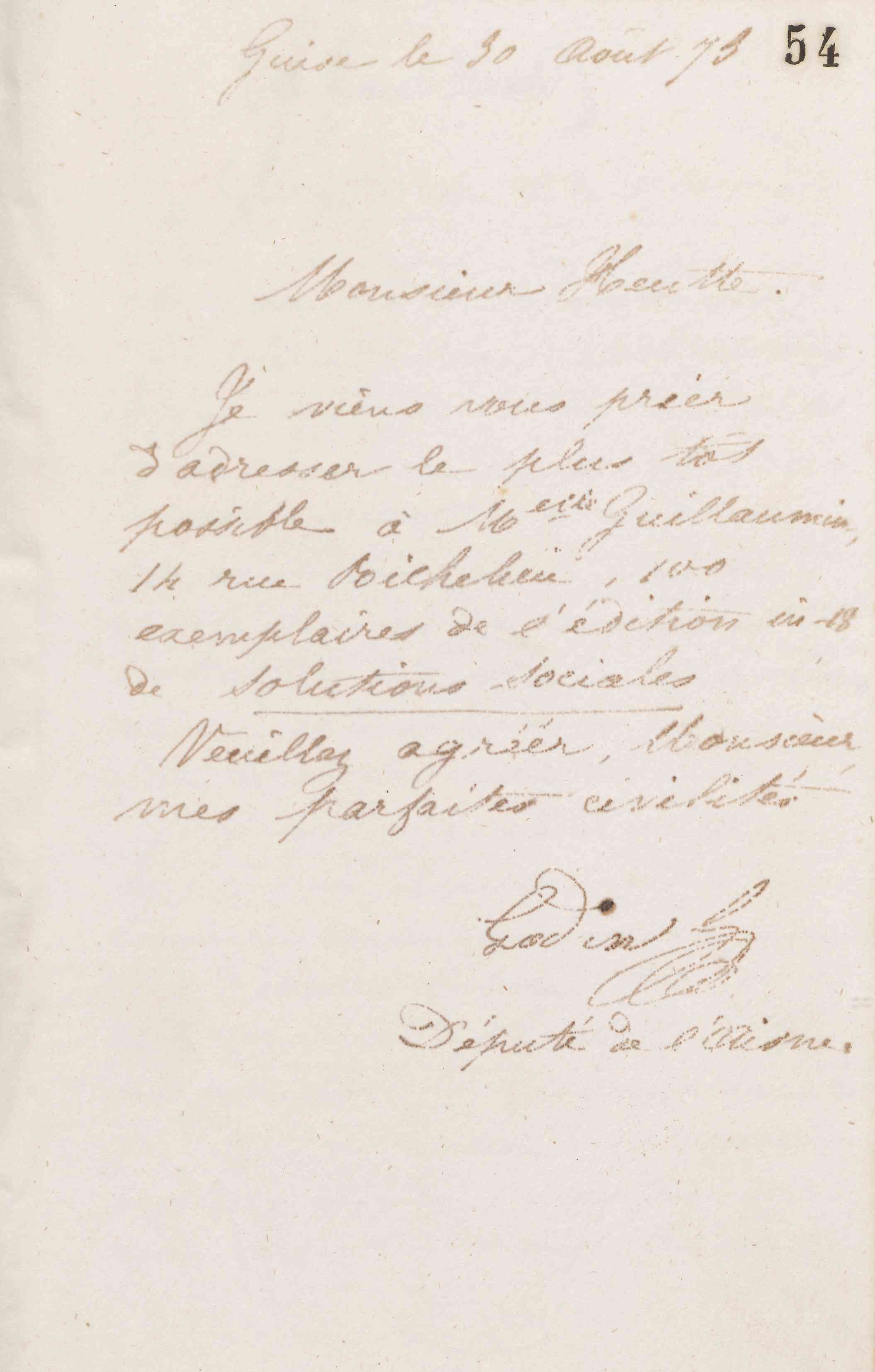 Jean-Baptiste André Godin à Eugène Heutte et Cie, 30 août 1873