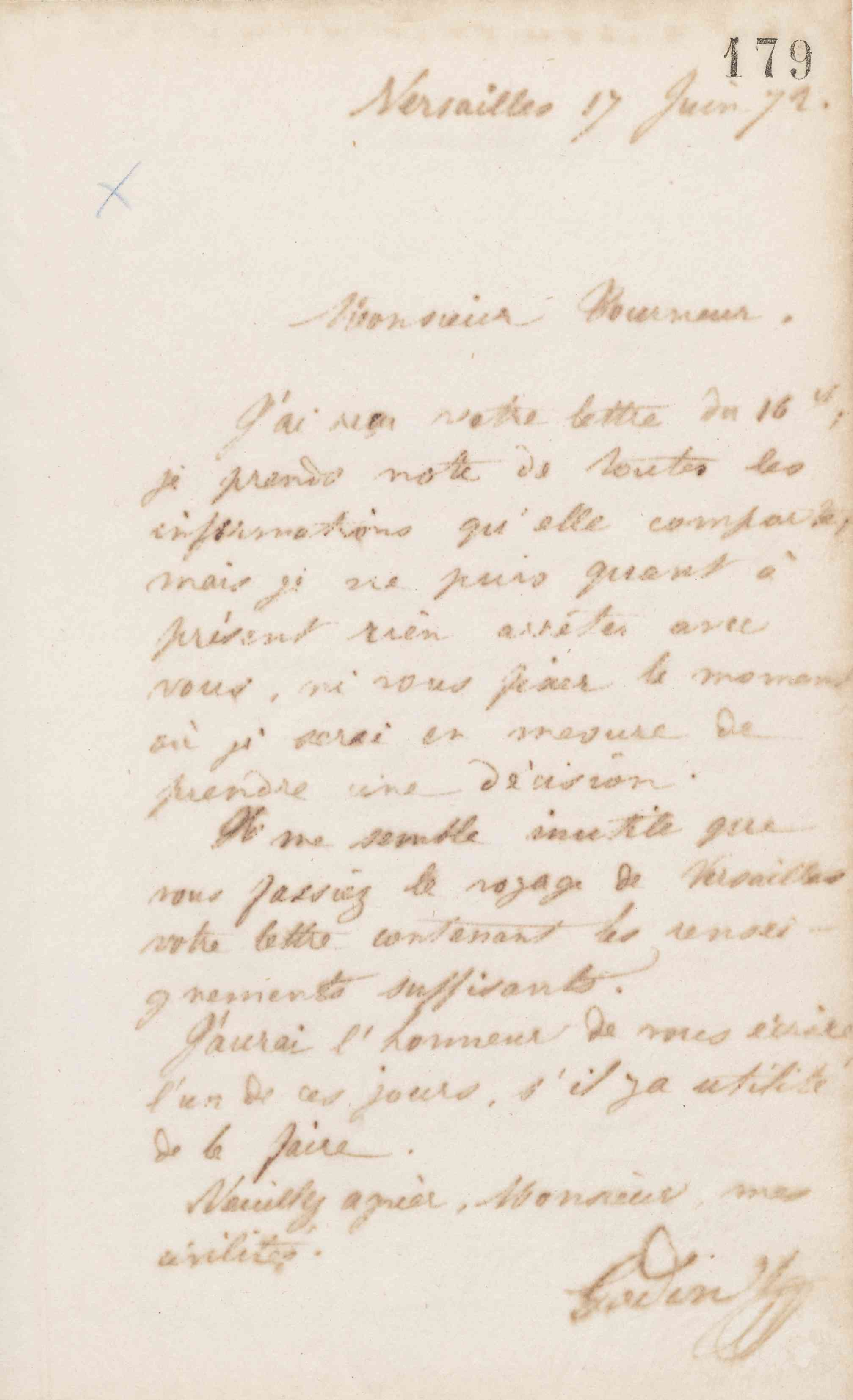 Jean-Baptiste André Godin à monsieur Tourneur, 17 juin 1872