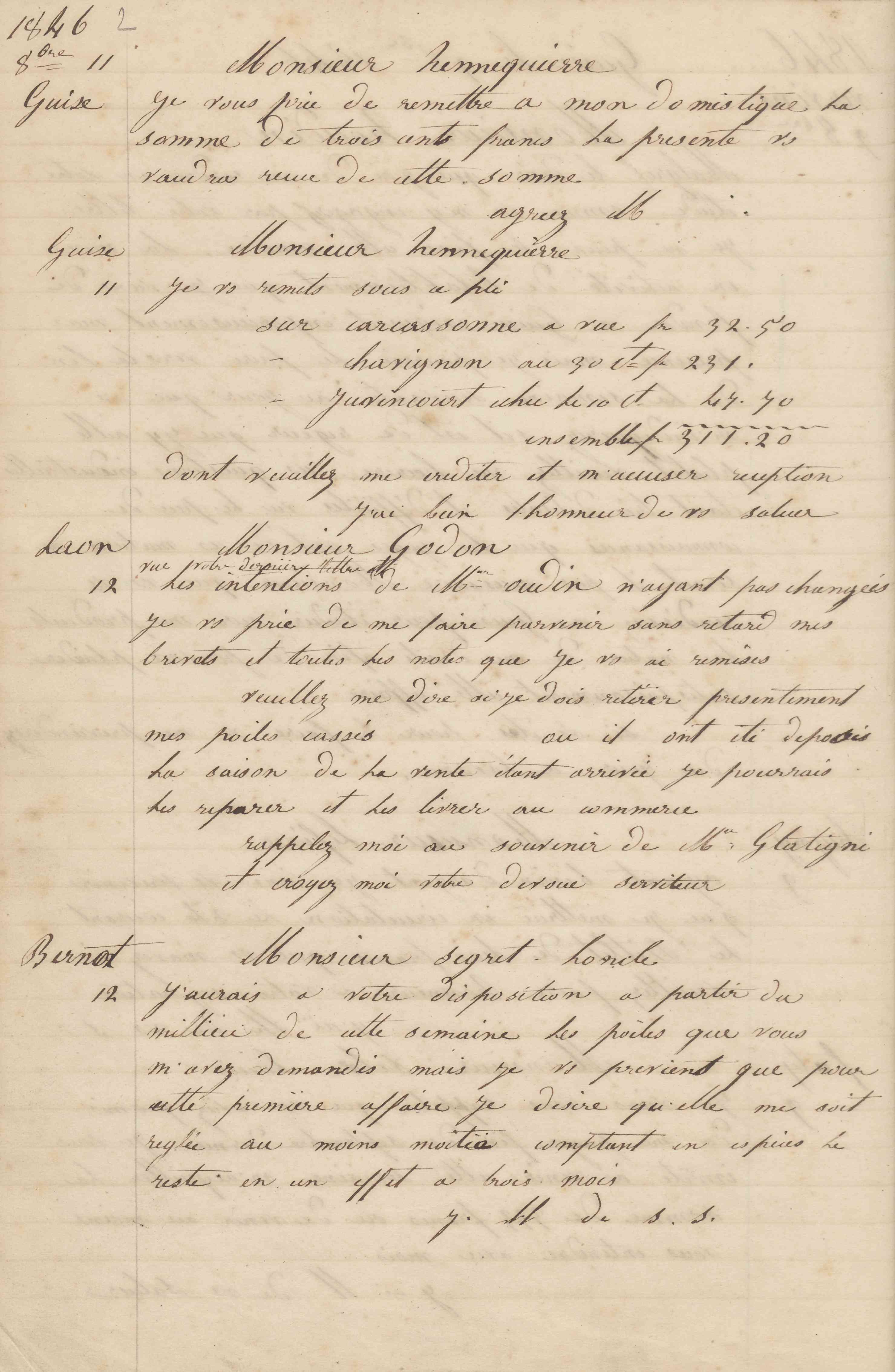 Jean-Baptiste André Godin à monsieur Segret-Loncle, 12 octobre 1846 Jean-Baptiste André Godin à monsieur Segret-Loncle, 12 octobre 1846