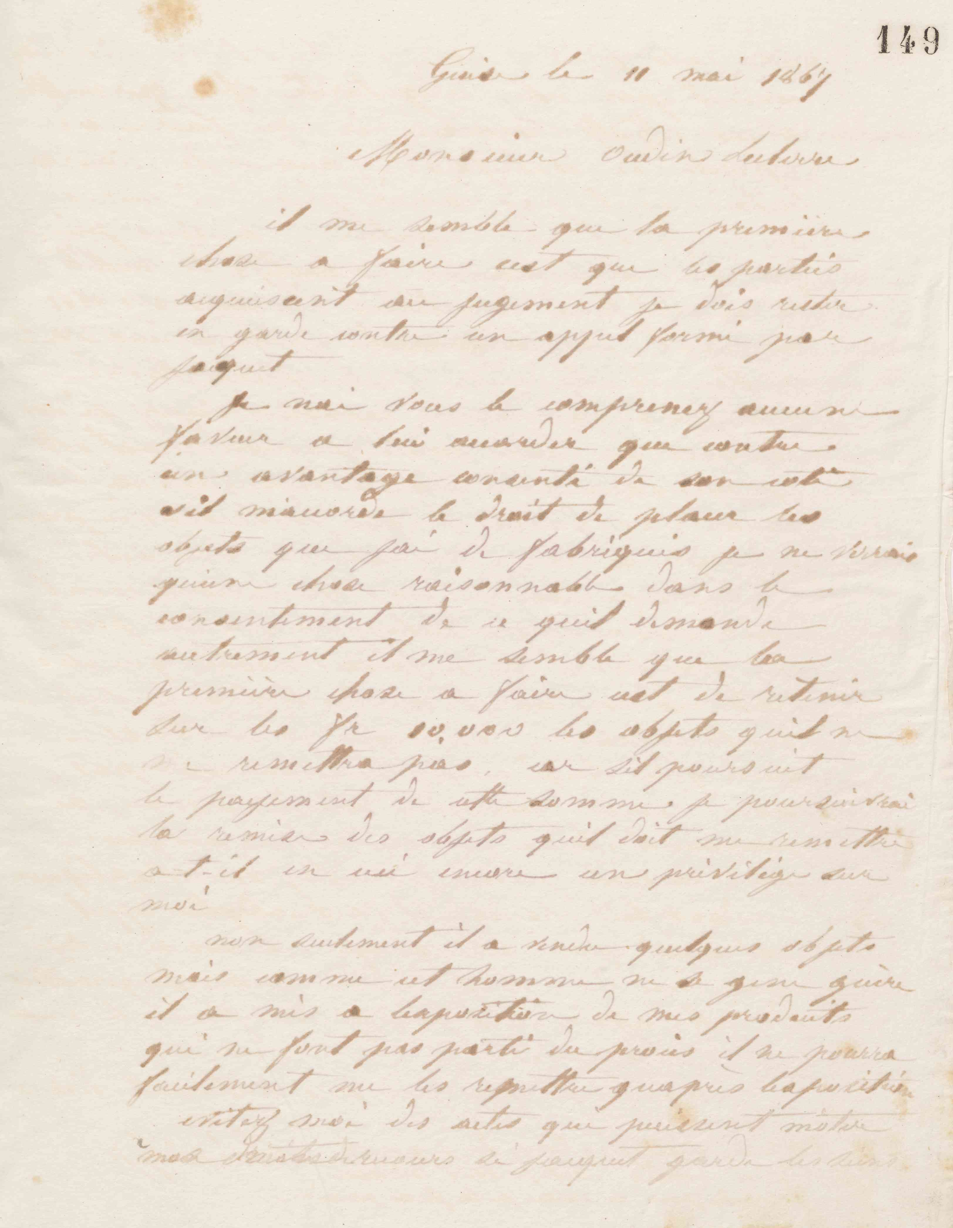 Jean-Baptiste André Godin à Louis Oudin-Leclère, 11 mai 1867 Jean-Baptiste André Godin à Louis Oudin-Leclère, 11 mai 1867