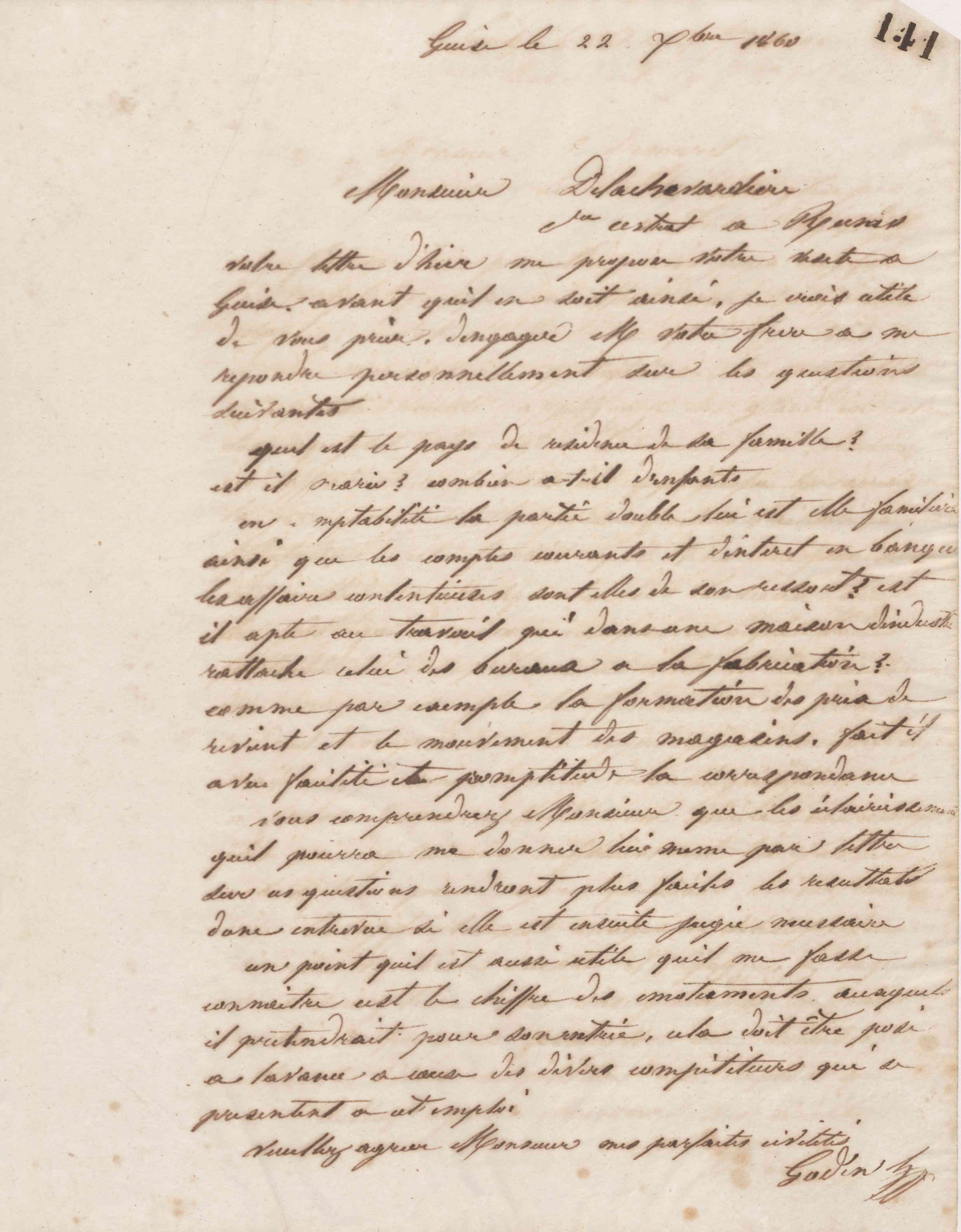 Jean-Baptiste André Godin à monsieur Delachevardière, 22 décembre 1860