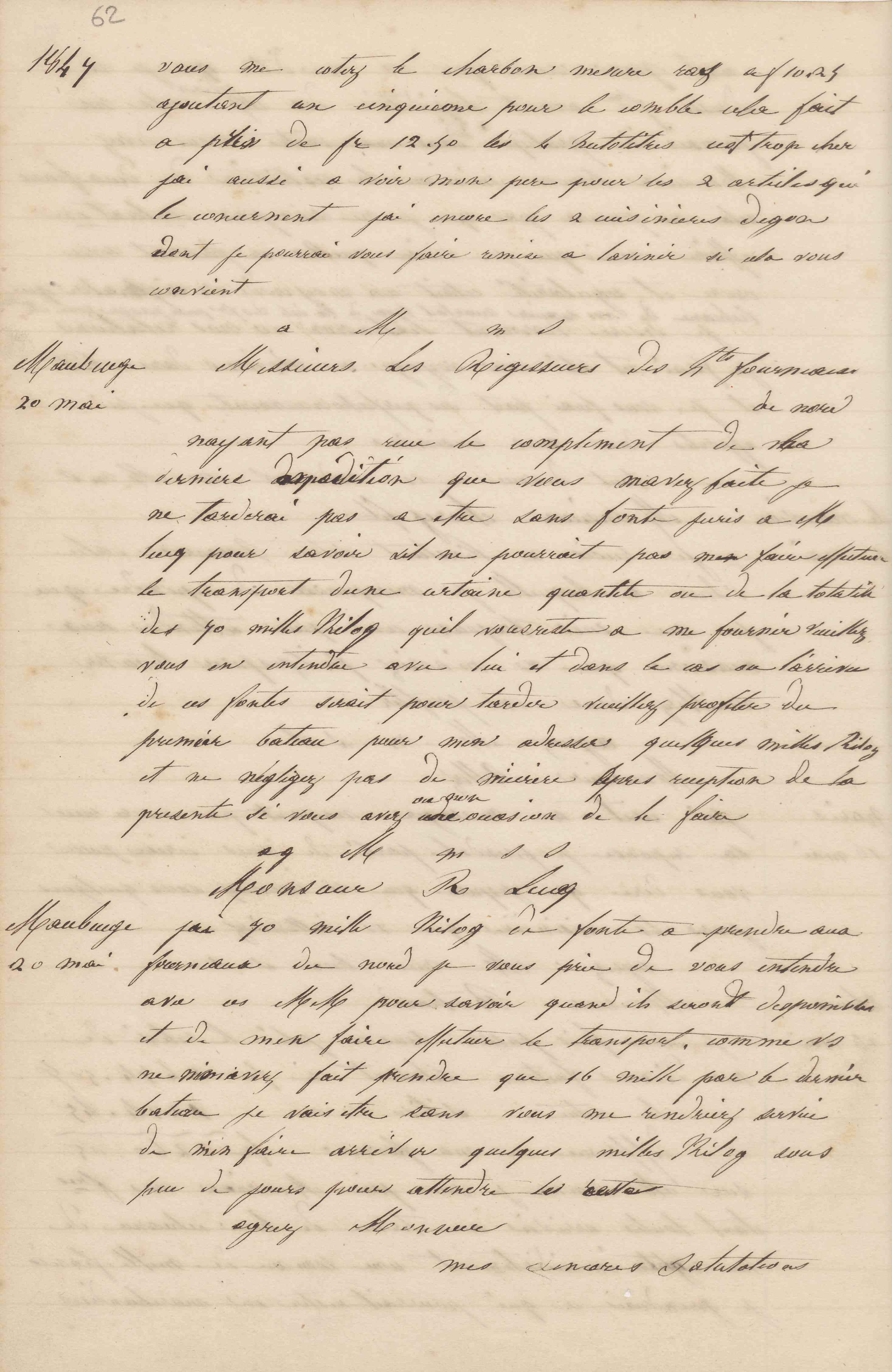 Jean-Baptiste André Godin à monsieur Lucq, 20 mai 1847