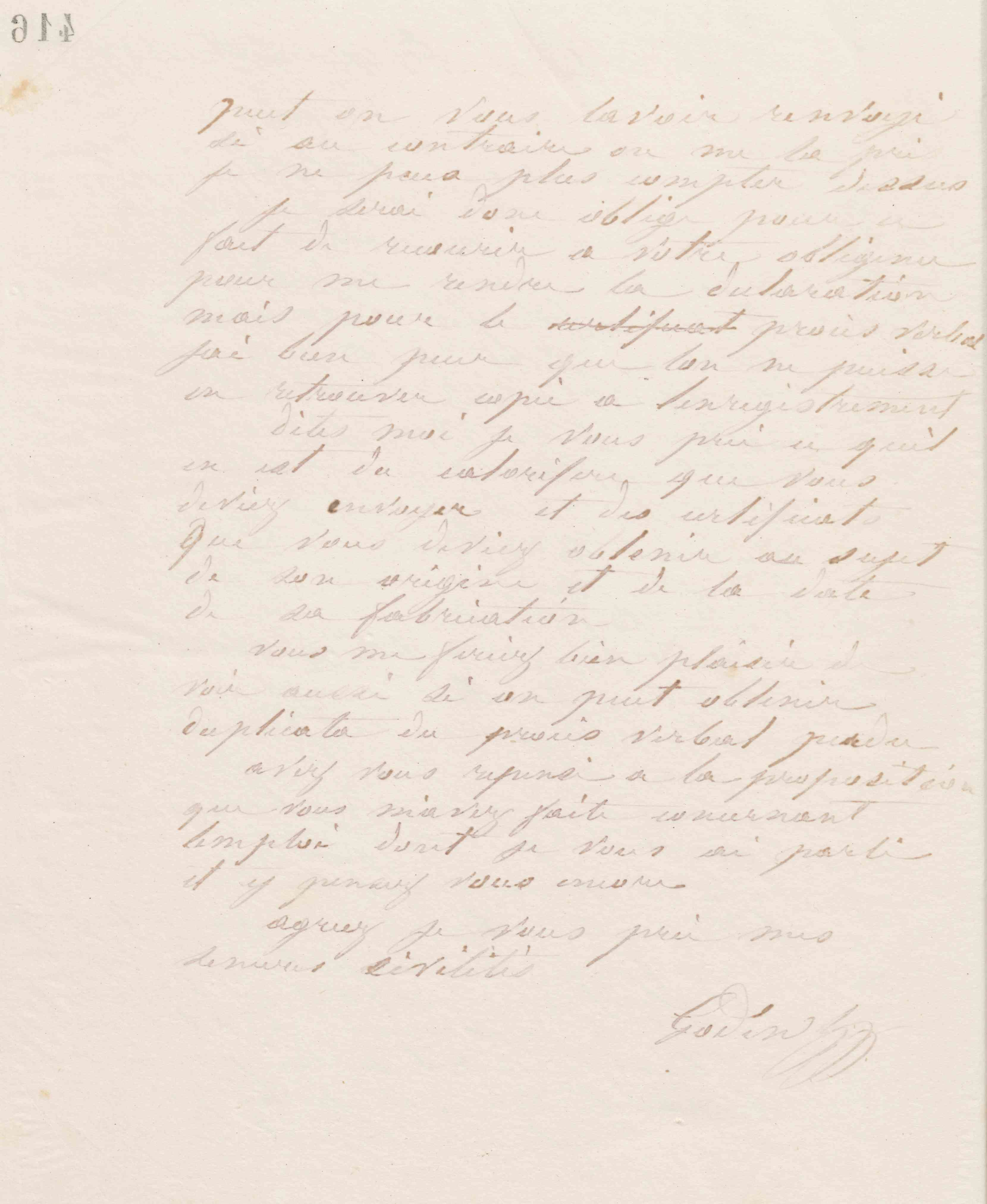 Jean-Baptiste André Godin à monsieur Gobelet, 20 août 1869