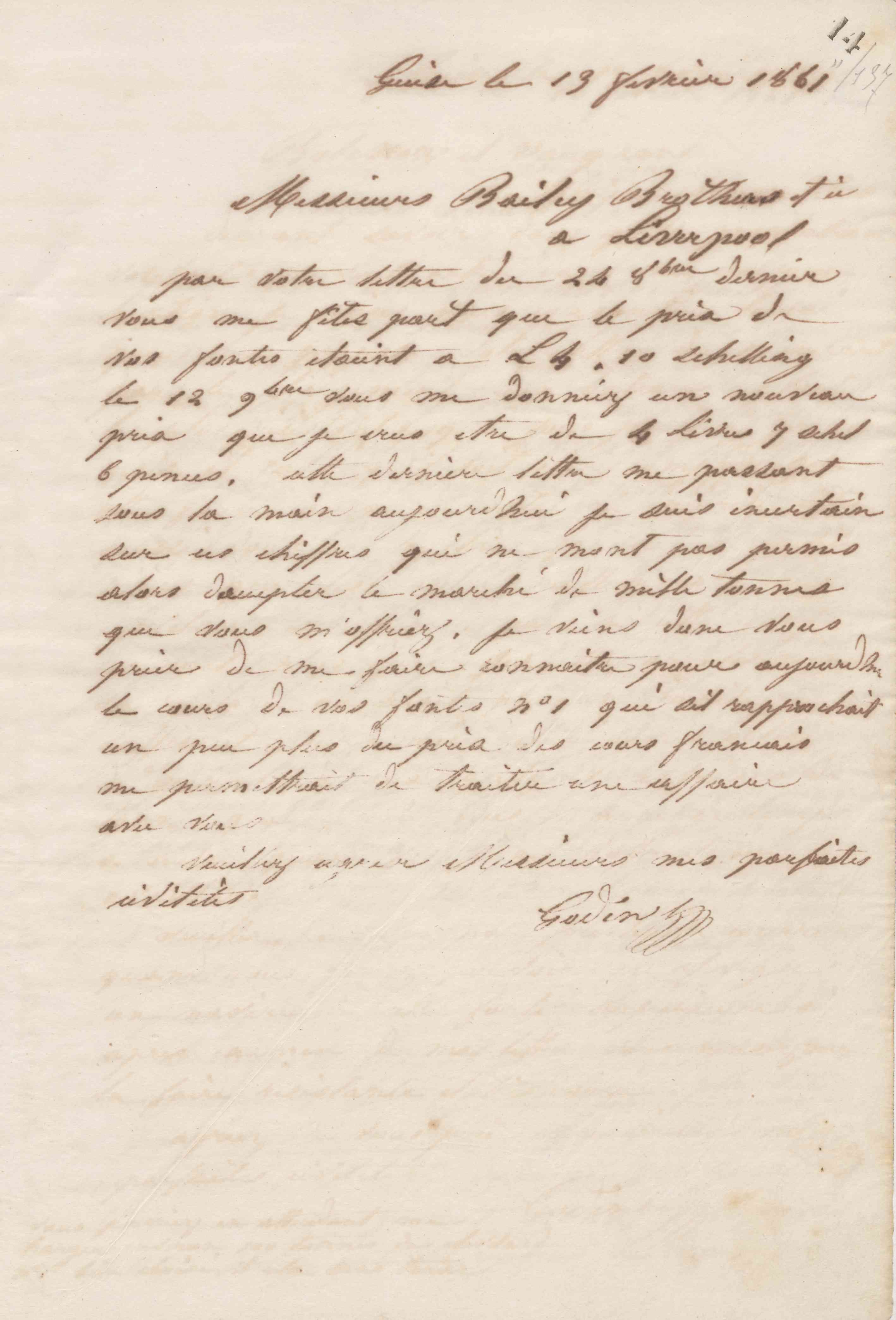 Jean-Baptiste André Godin à Bailey Brothers et Cie, 13 février 1861 Jean-Baptiste André Godin à Bailey Brothers et Cie, 13 février 1861