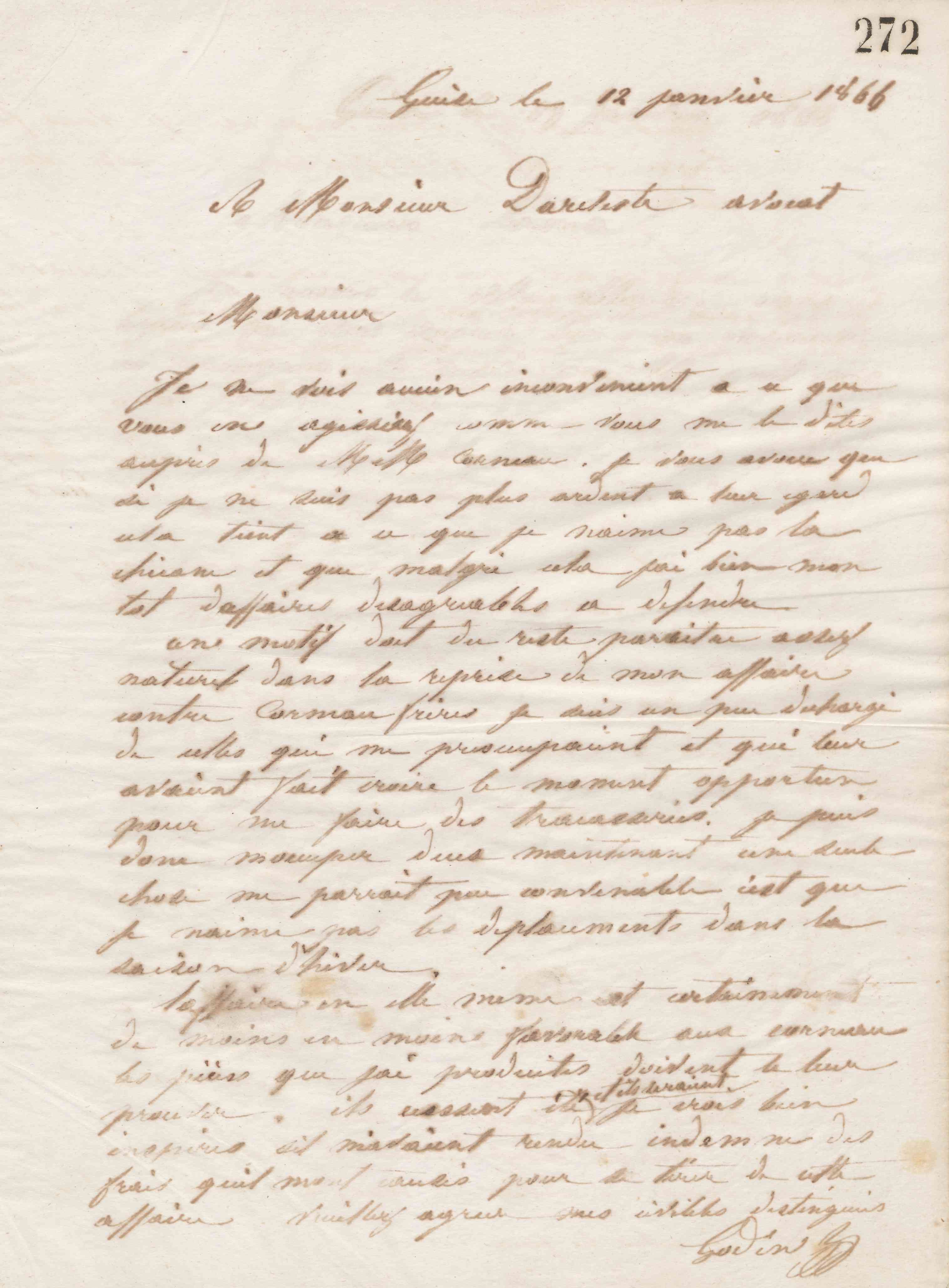 Jean-Baptiste André Godin à monsieur Dureteste, 12 janvier 1866