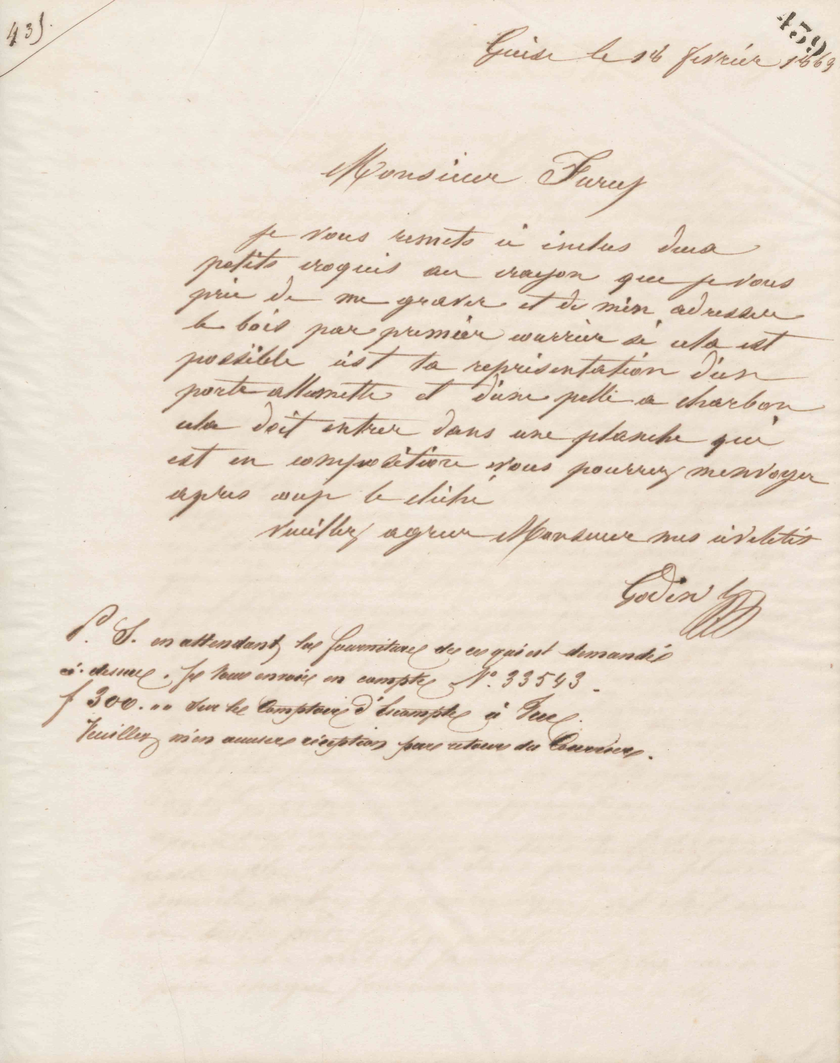 Jean-Baptiste André Godin à monsieur C. H. Furcy, 18 février 1863