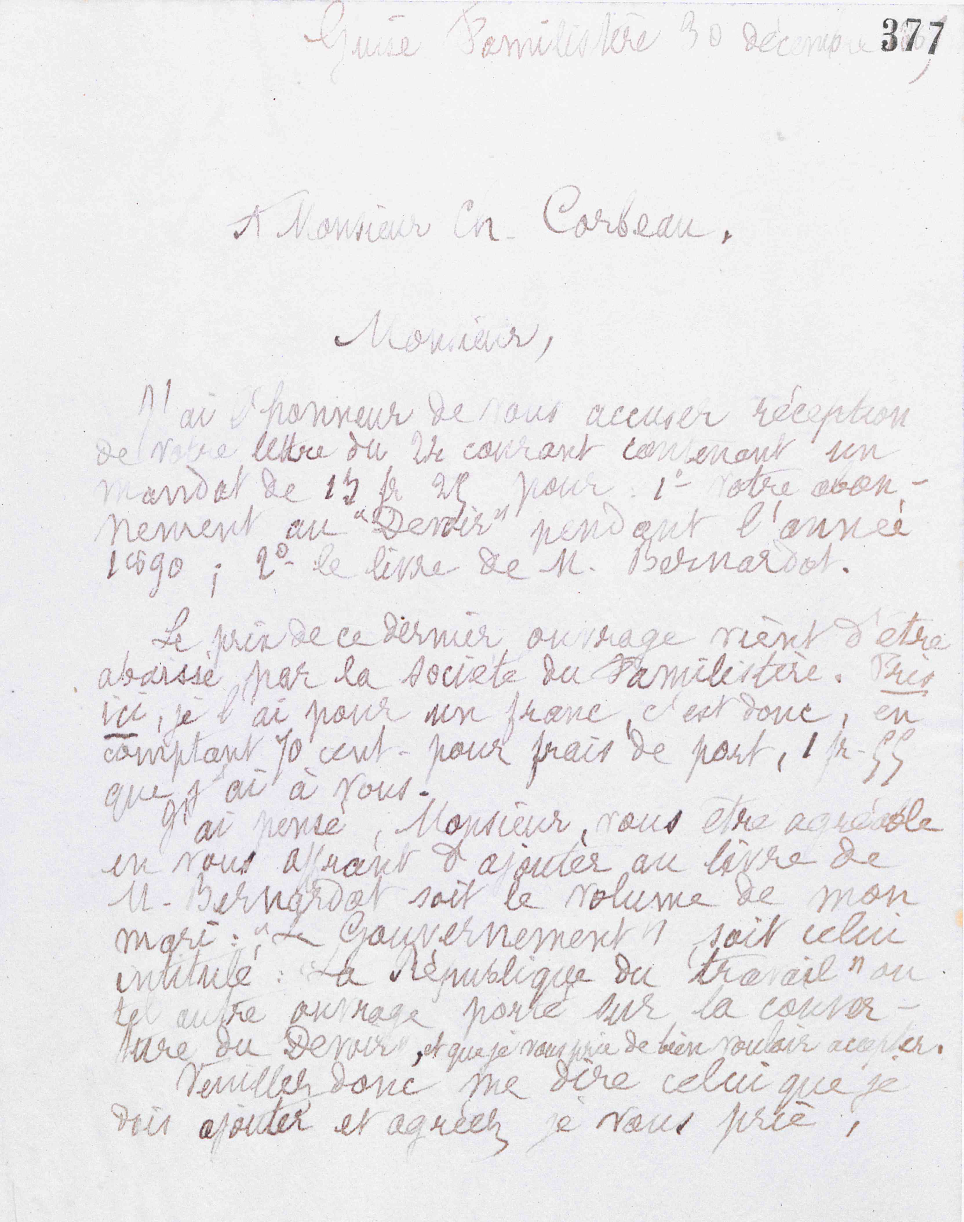 Marie Moret à Charles Corbeau, 30 décembre 1889