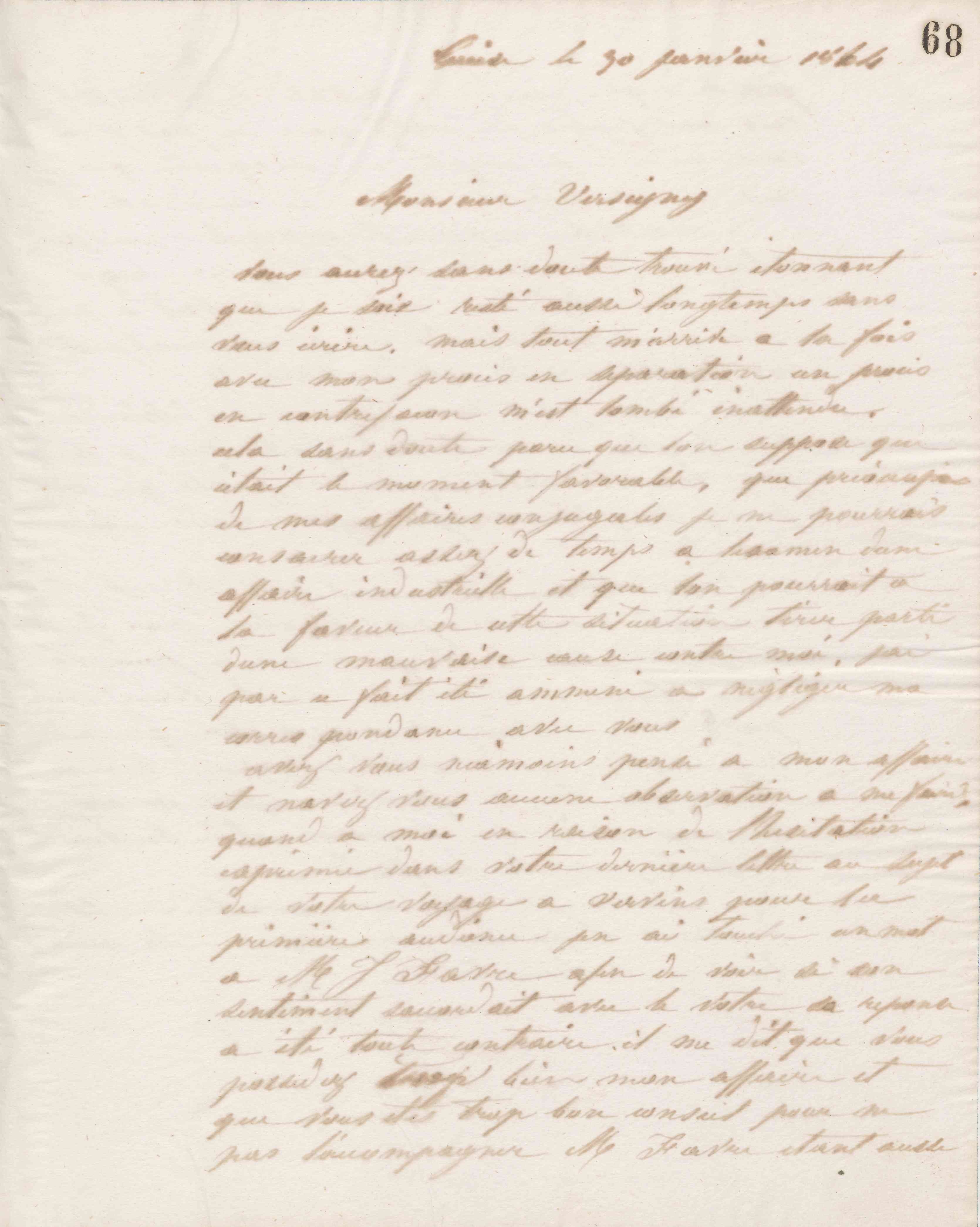 Jean-Baptiste André Godin à Victor Versigny, 30 janvier 1864
