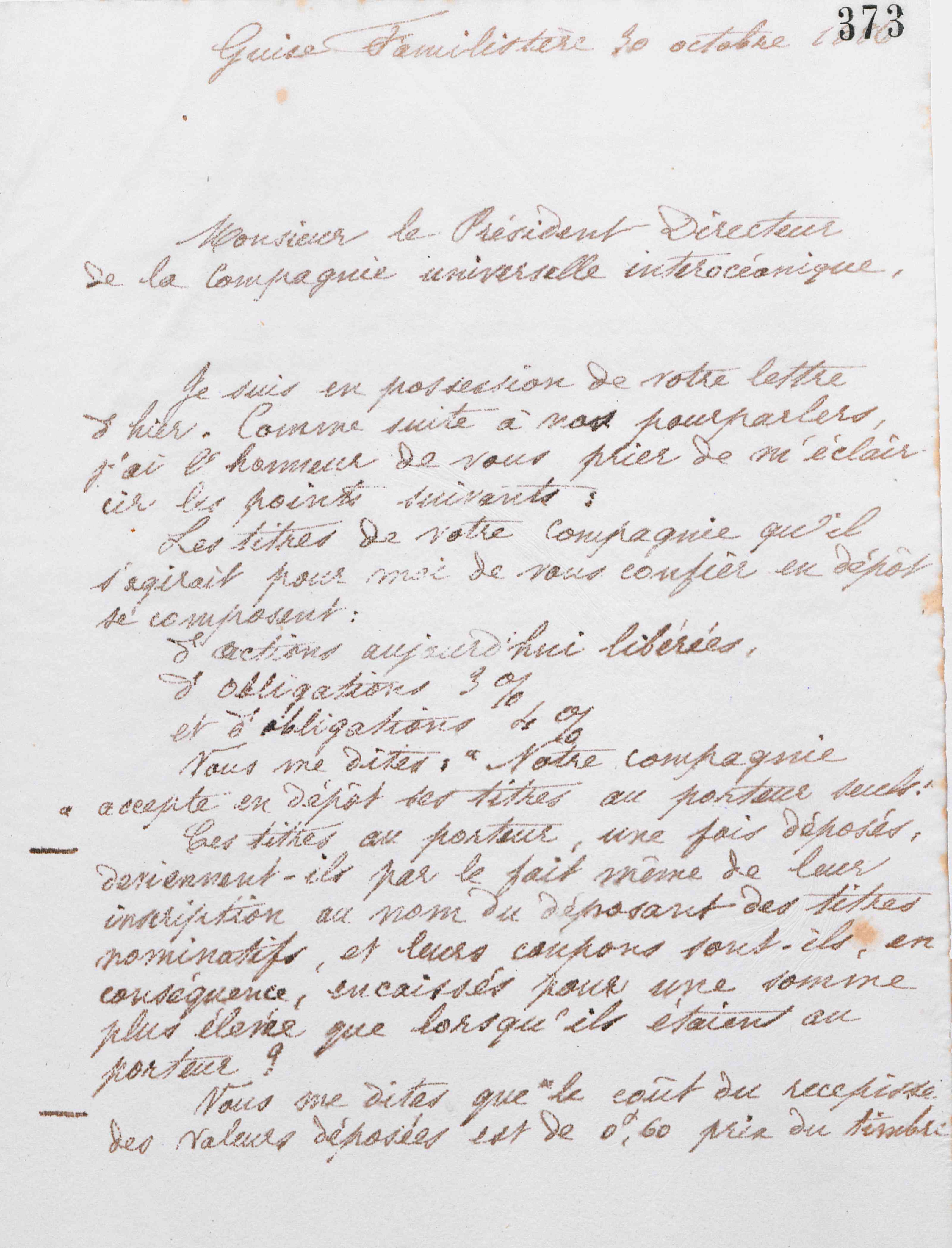 Marie Moret au directeur de la Compagnie universelle interocéanique, 30 octobre 1886