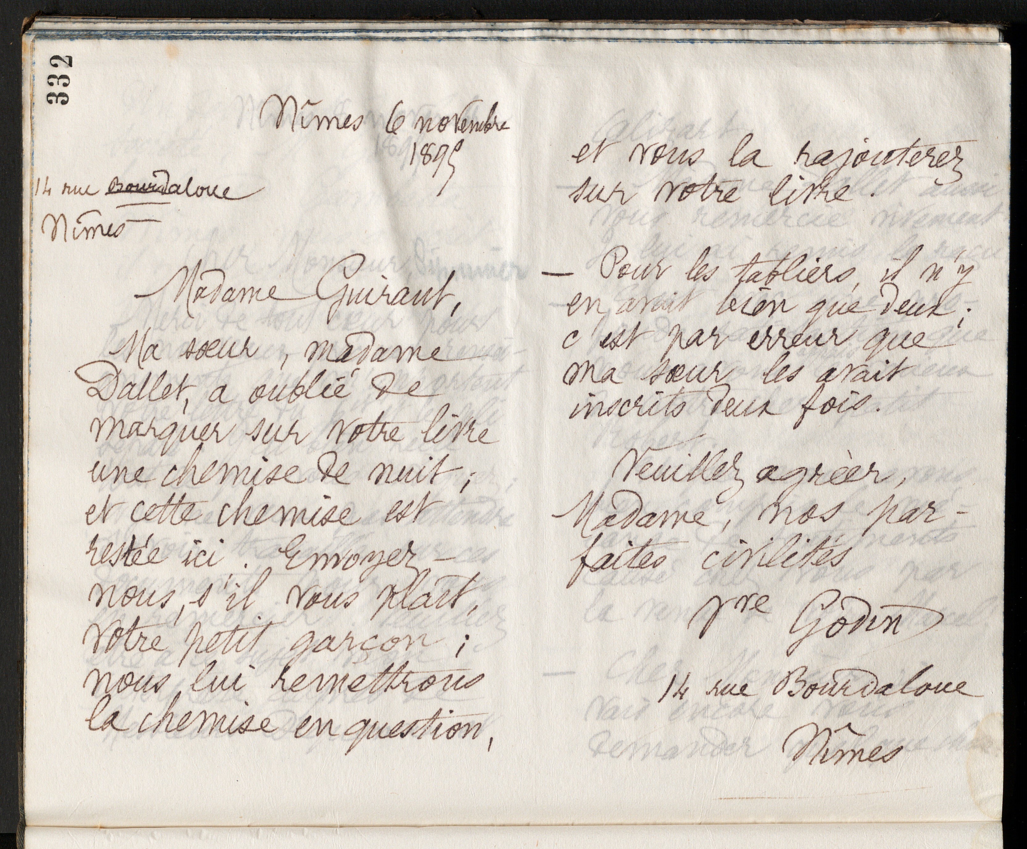 Marie Moret à madame Guiraut, 6 novembre 1895