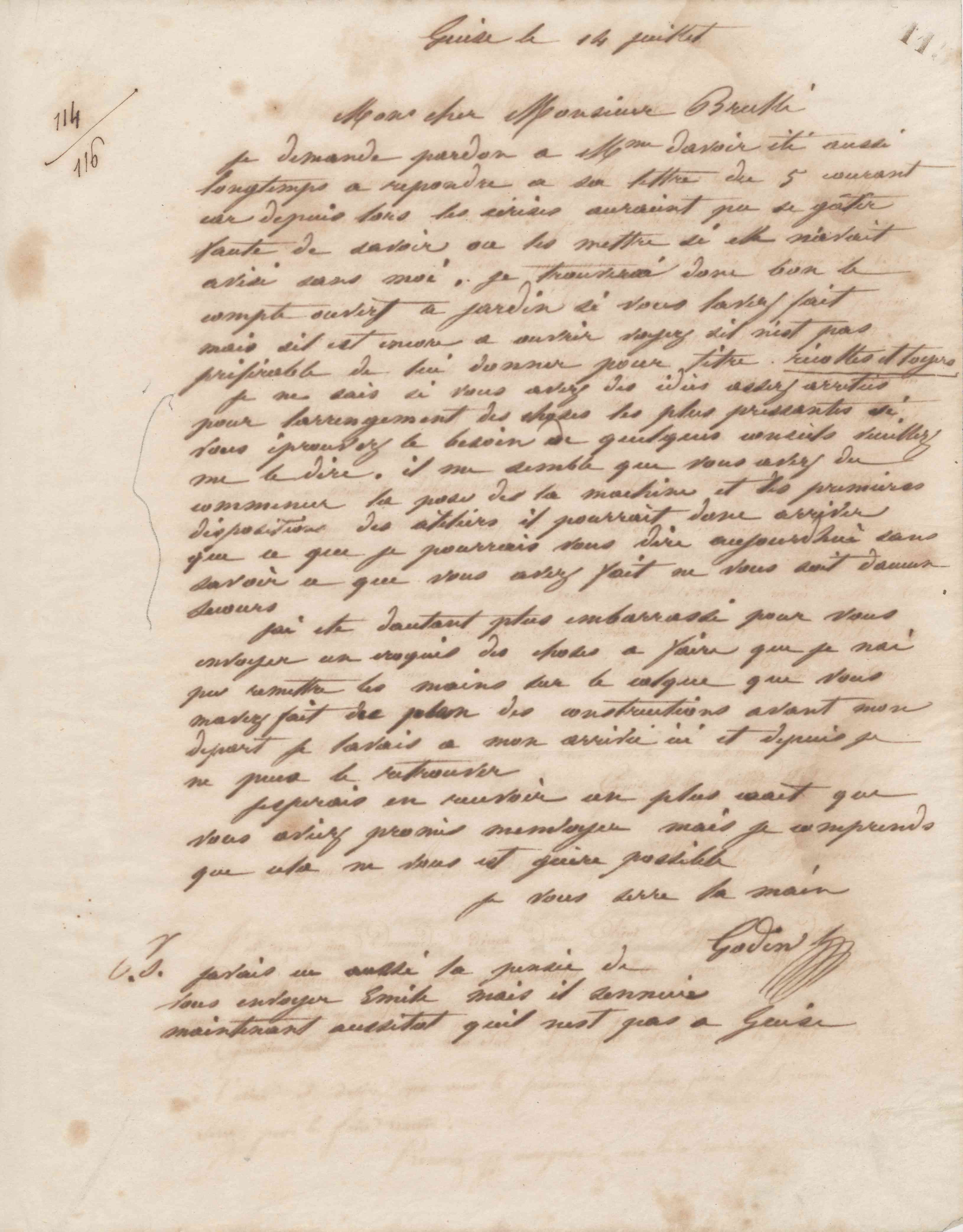 Jean-Baptiste André Godin à Alexandre Brullé, 14 juillet [1858]
