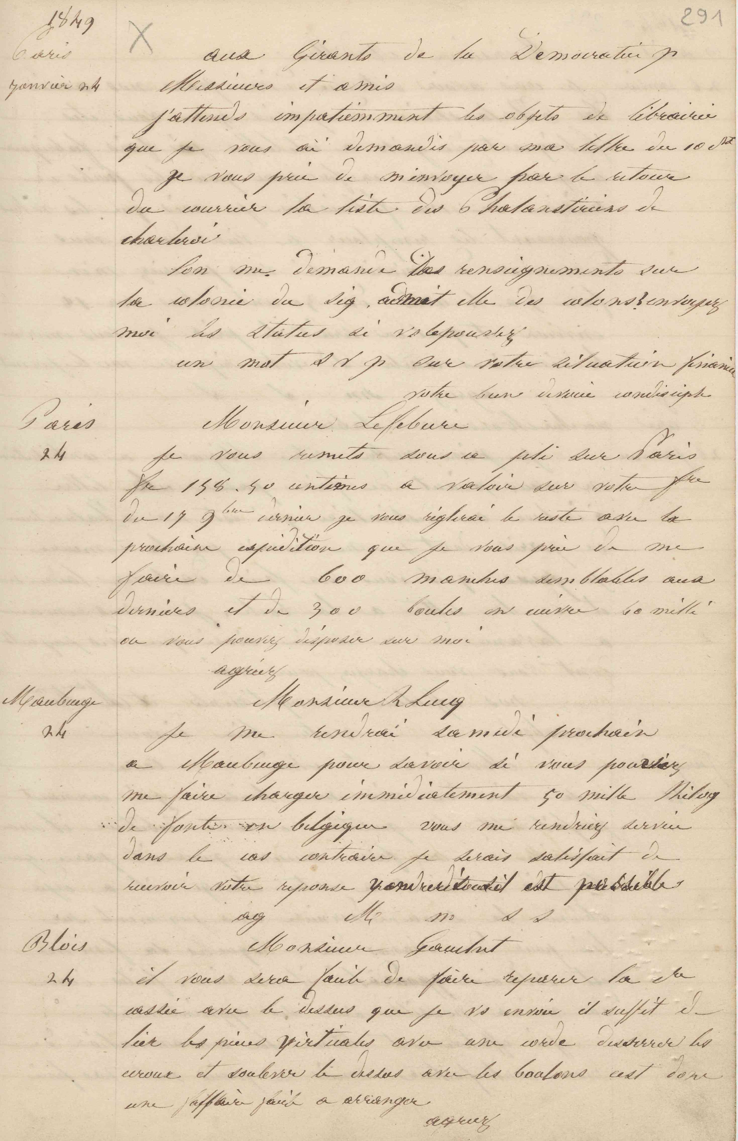 Jean-Baptiste André Godin à monsieur Lefébure, 24 janvier 1849