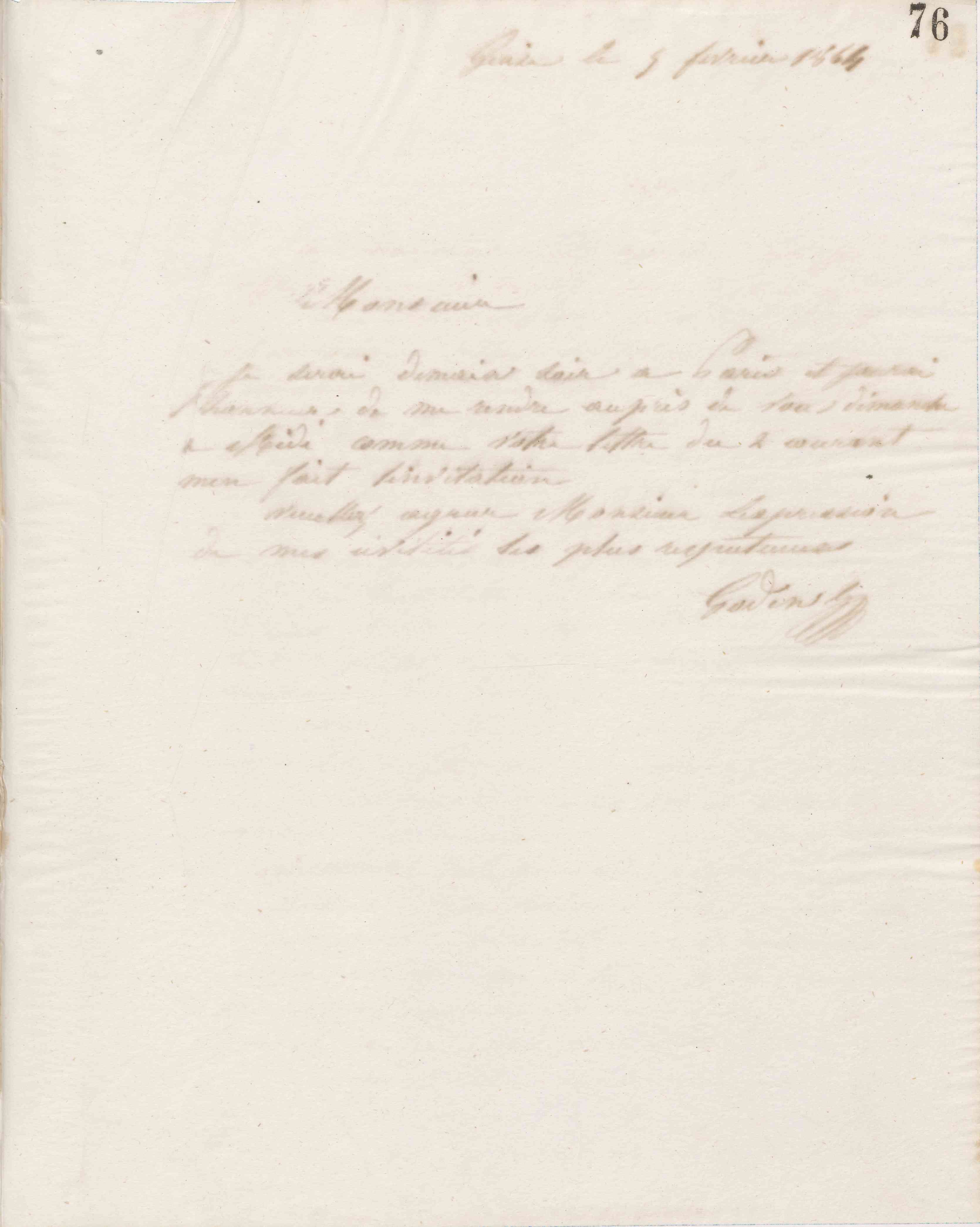 Jean-Baptiste André Godin à Victor Versigny, 5 février 1864