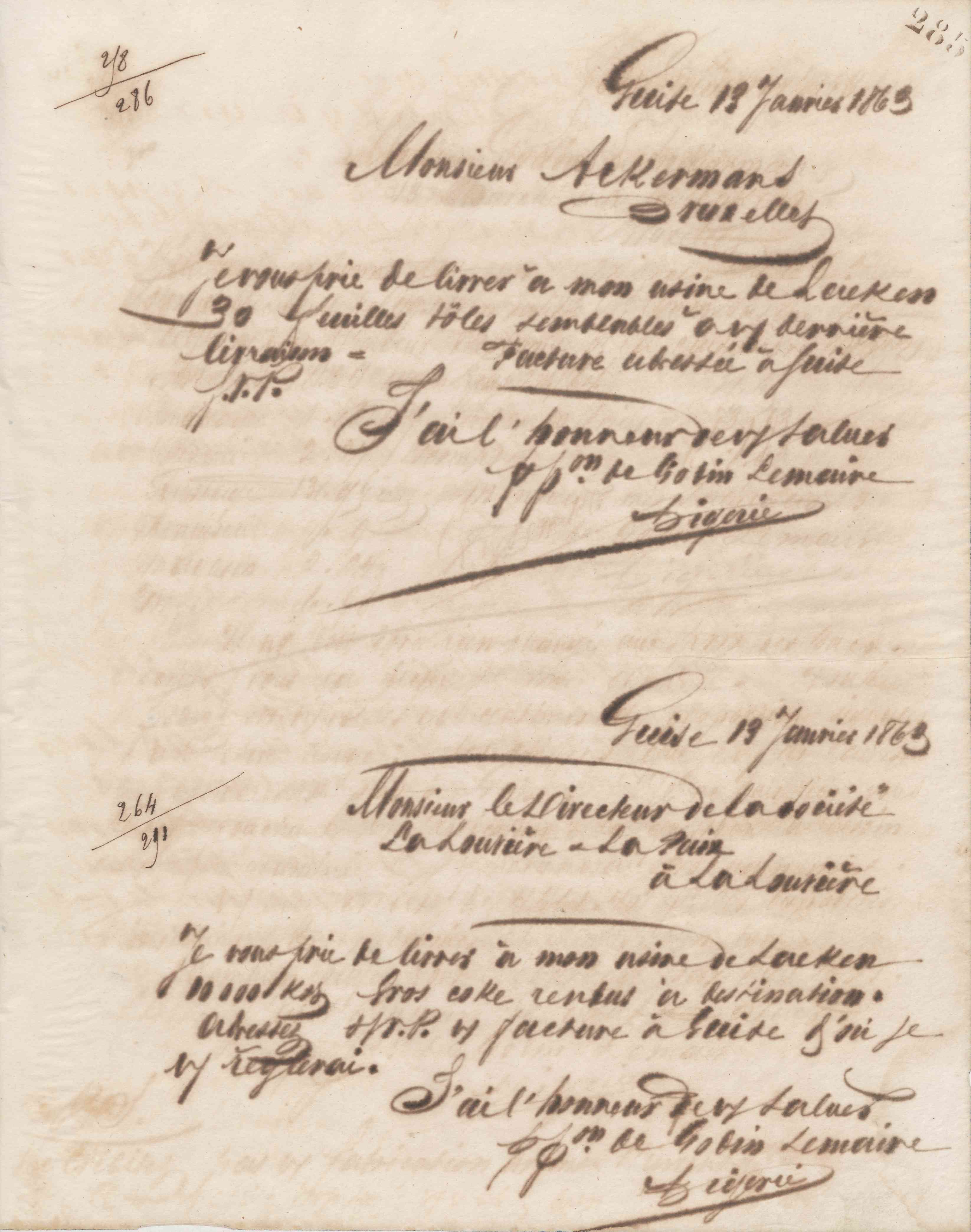 Jean-Baptiste André Godin au directeur des charbonnages de la Louvière et la Paix, 13 janvier 1863 Jean-Baptiste André Godin au directeur des charbonnages de la Louvière et la Paix, 13 janvier 1863