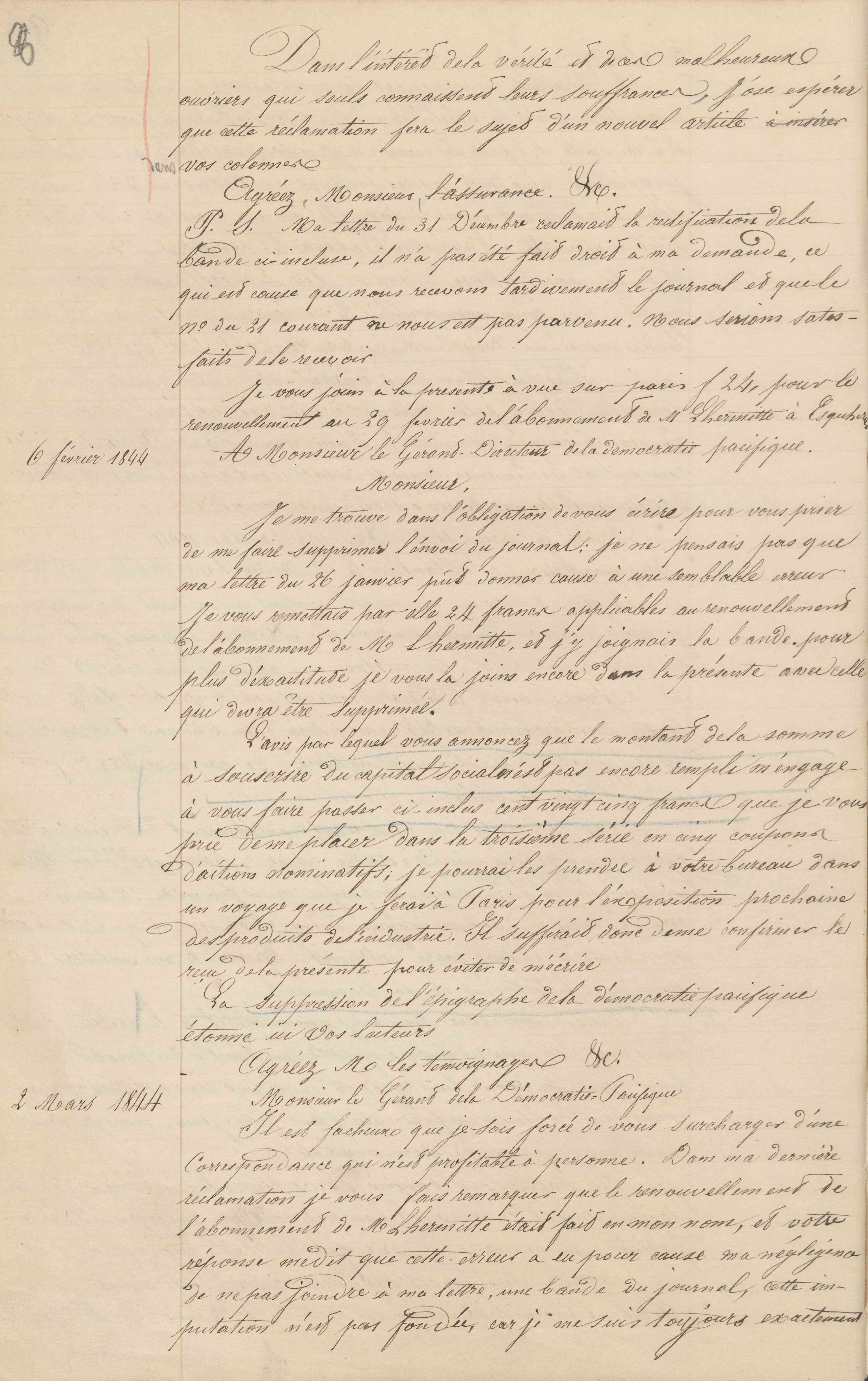 Jean-Baptiste André Godin au gérant directeur de La Démocratie pacifique, 2 mars 1844