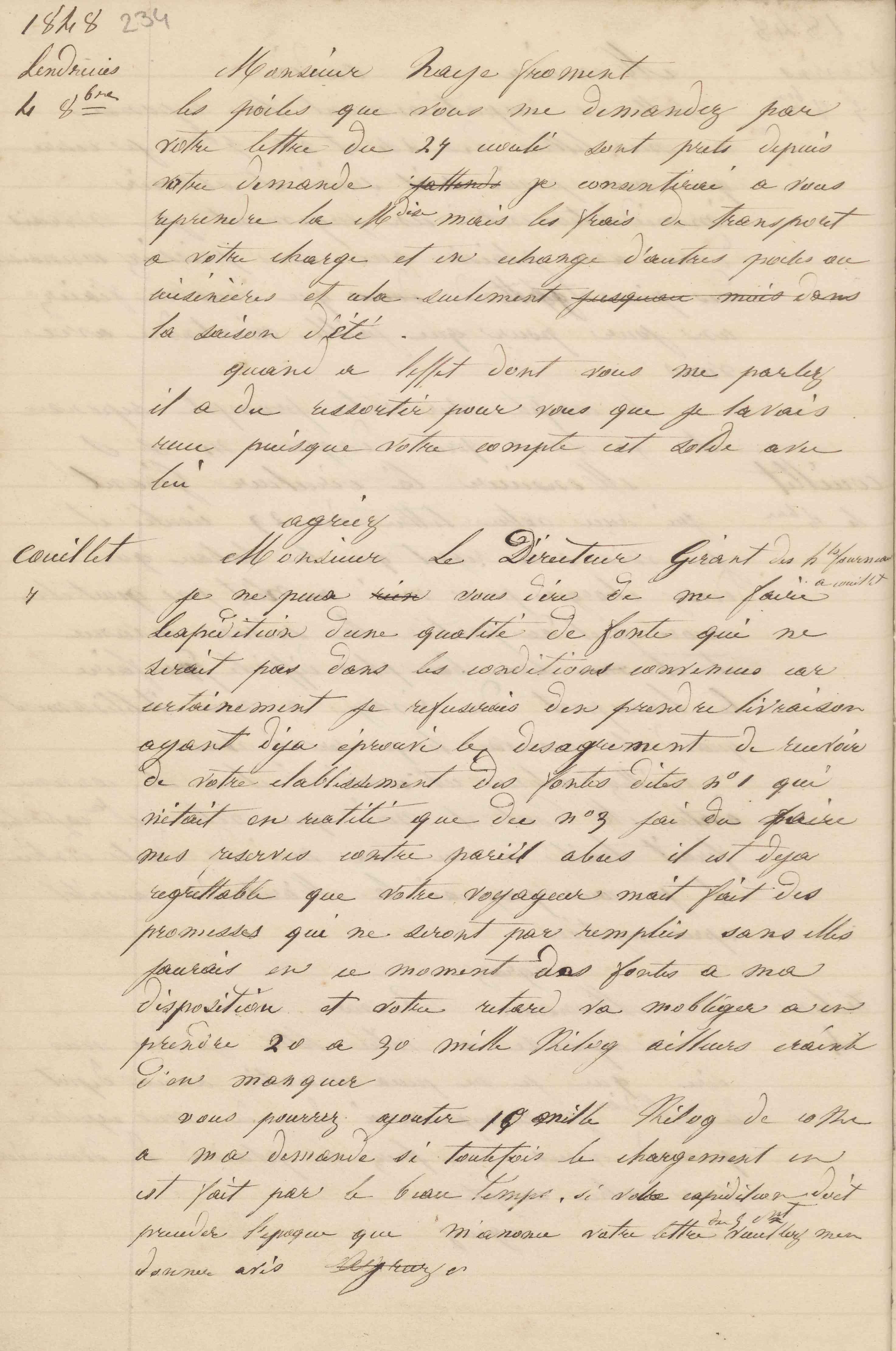 Jean-Baptiste André Godin à monsieur Haye-Froment, 4 octobre 1848