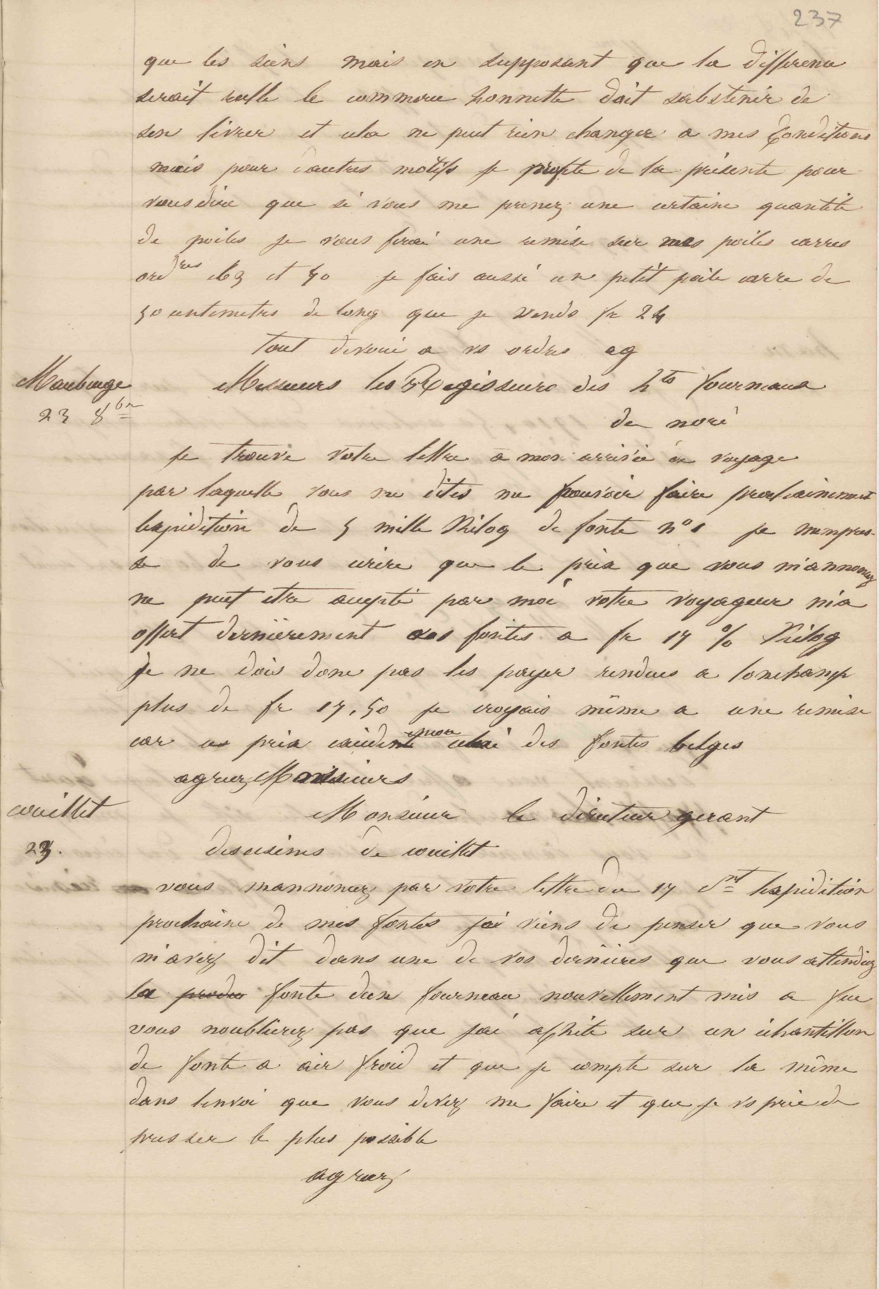 Jean-Baptiste André Godin à la Société anonyme des hauts-fourneaux, usines et charbonnages de Marcinelle et Couillet, 23 octobre 1848