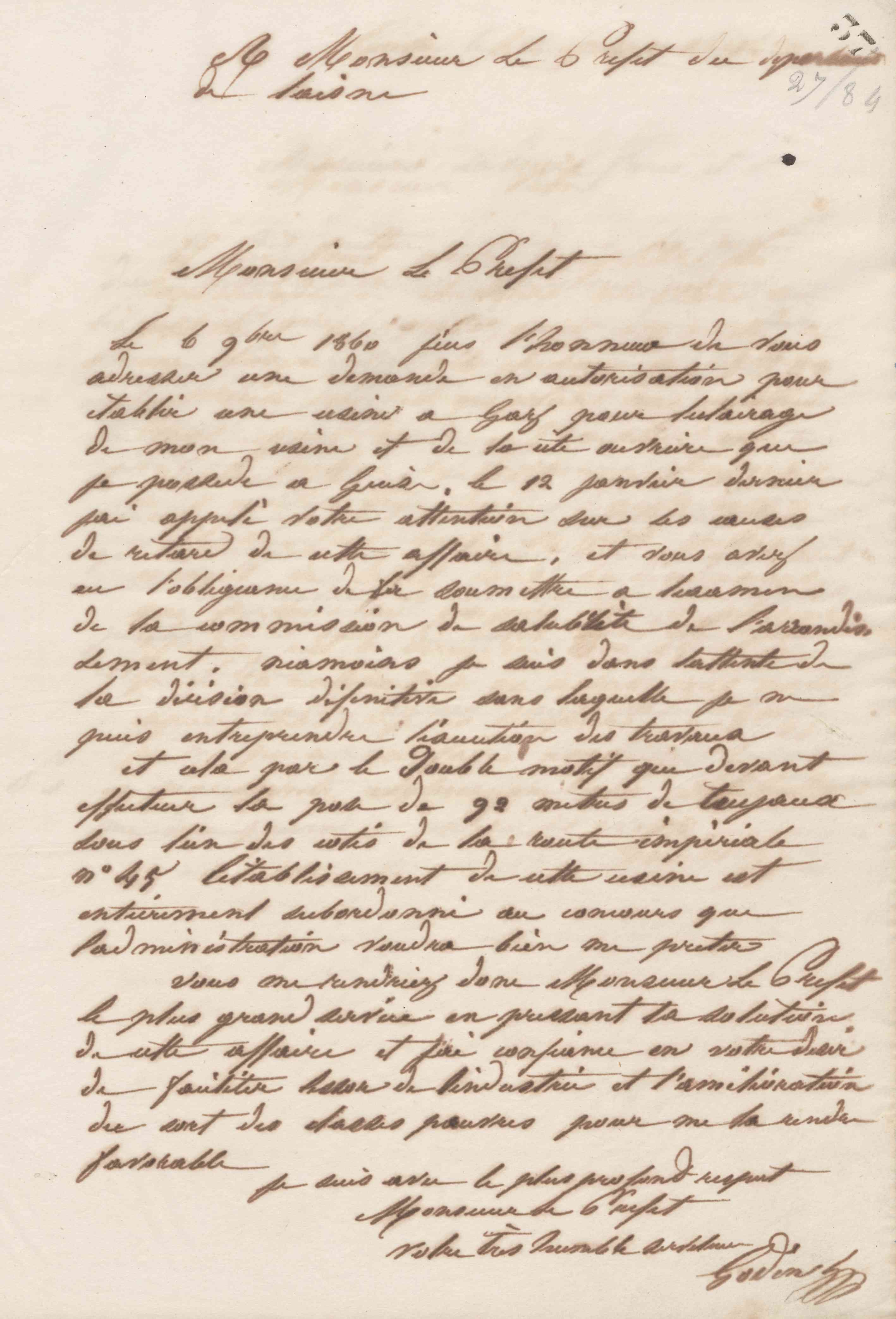 Jean-Baptiste André Godin au préfet de l'Aisne, vers le 9 mars 1861 Jean-Baptiste André Godin au préfet de l'Aisne, vers le 9 mars 1861