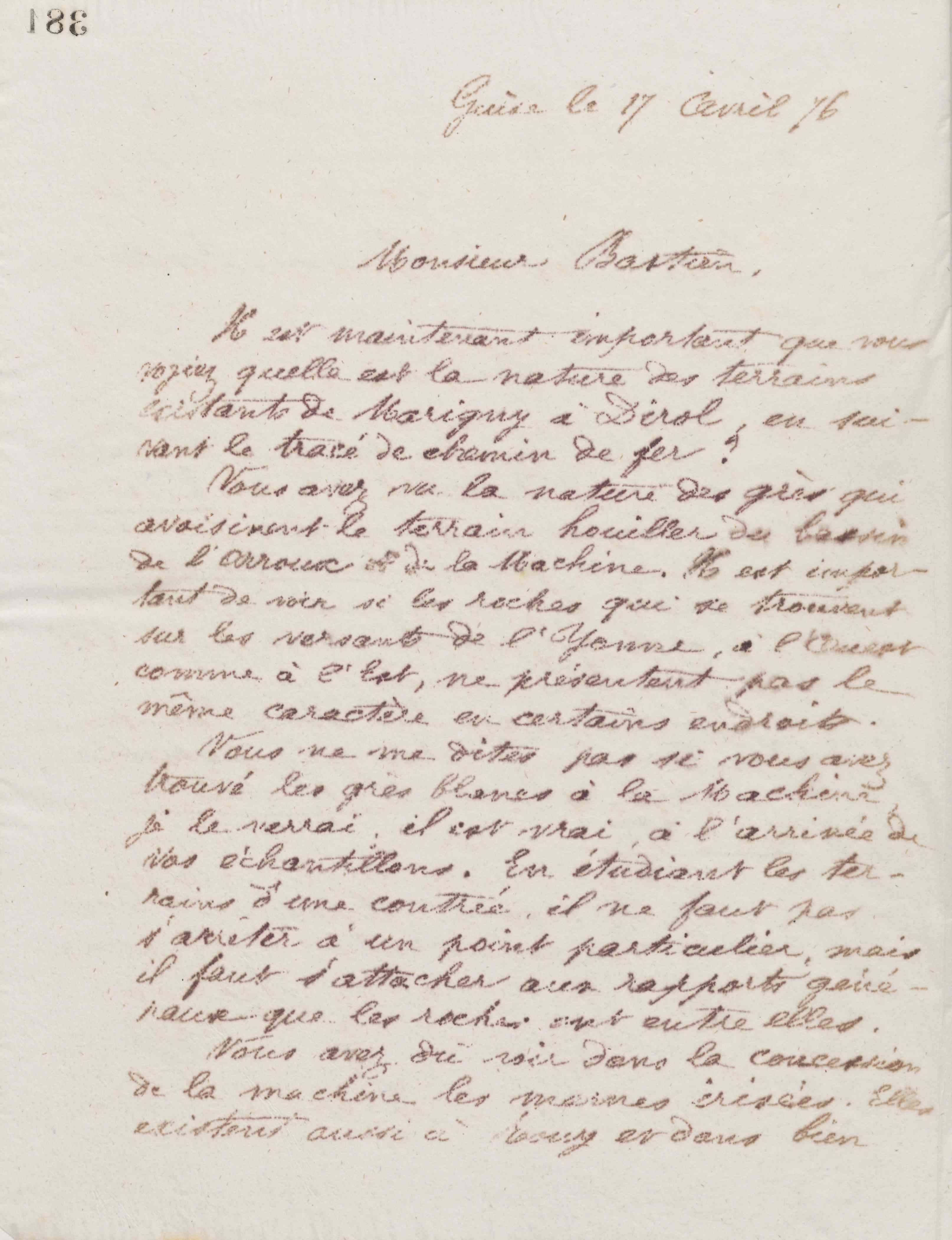 Jean-Baptiste André Godin à monsieur Bastien, 17 avril 1876