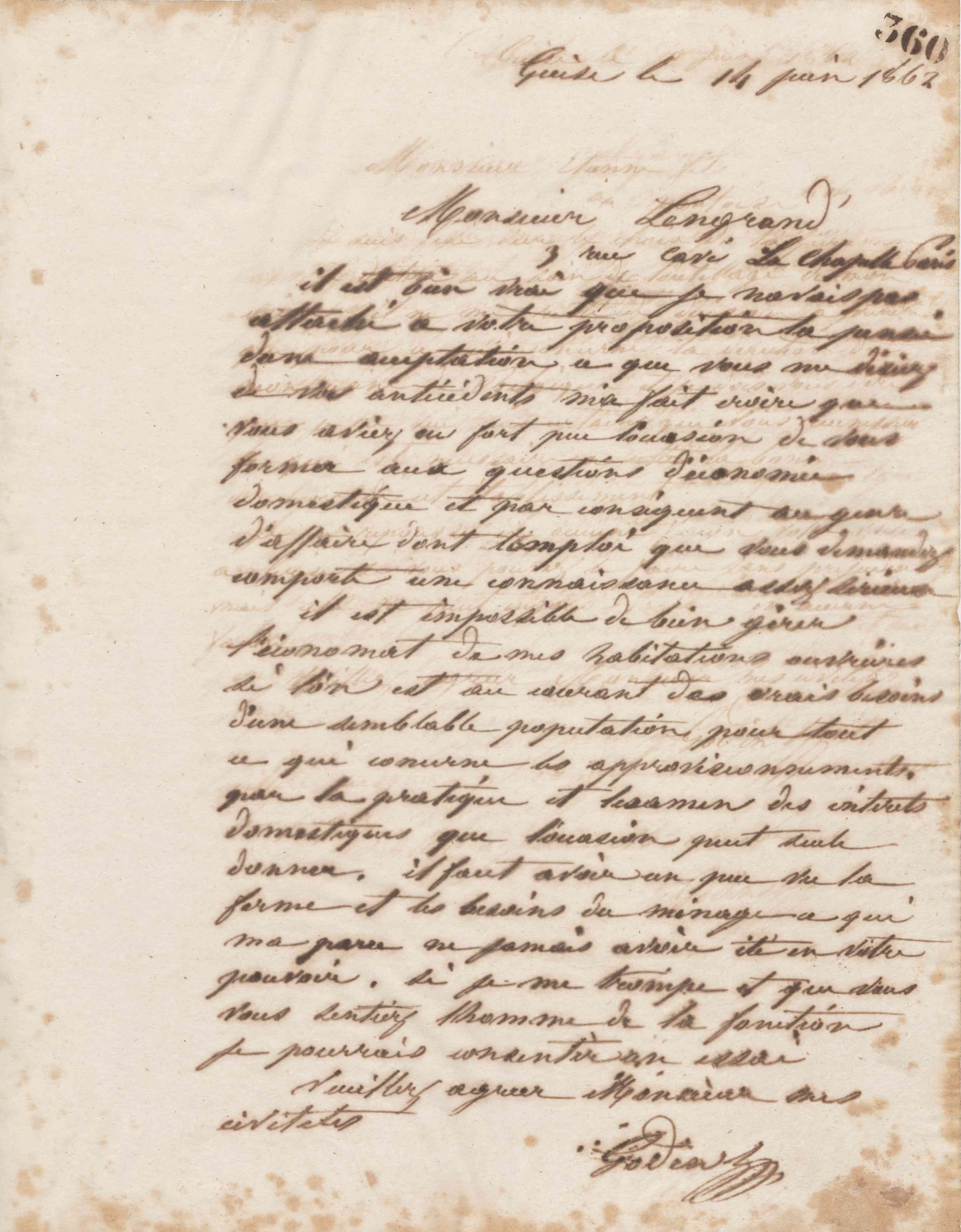 Jean-Baptiste André Godin à monsieur Lengrand, 14 juin 1862