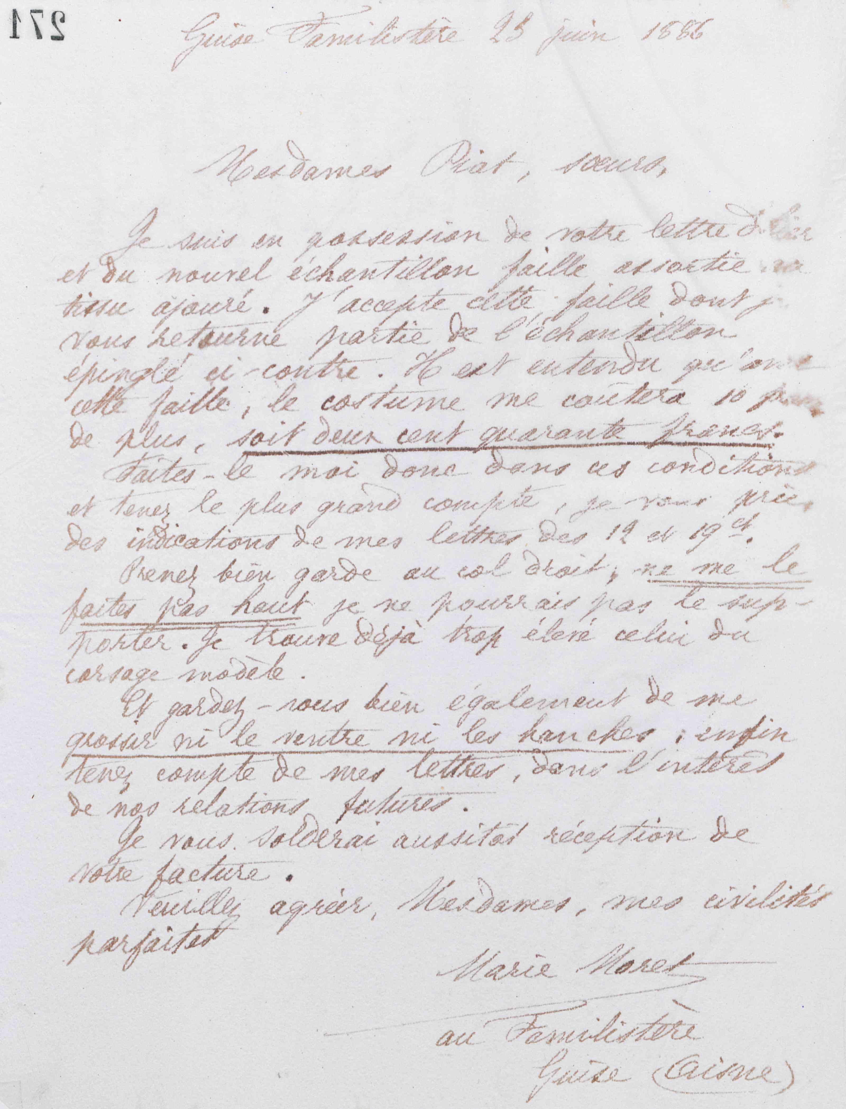 Marie Moret à Piat sœurs, 23 juin 1886