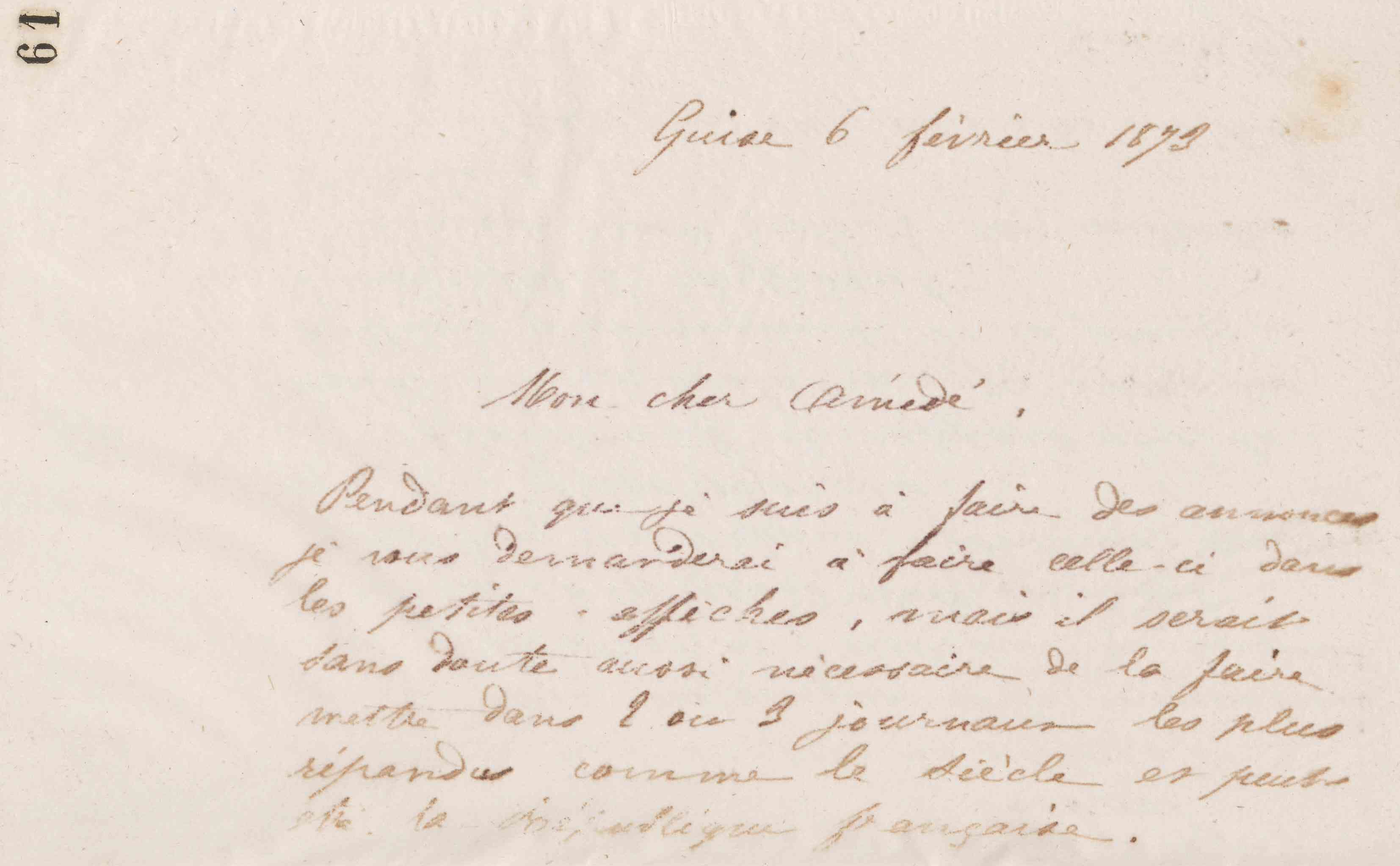 Jean-Baptiste André Godin à Amédée Moret, 6 février 1873