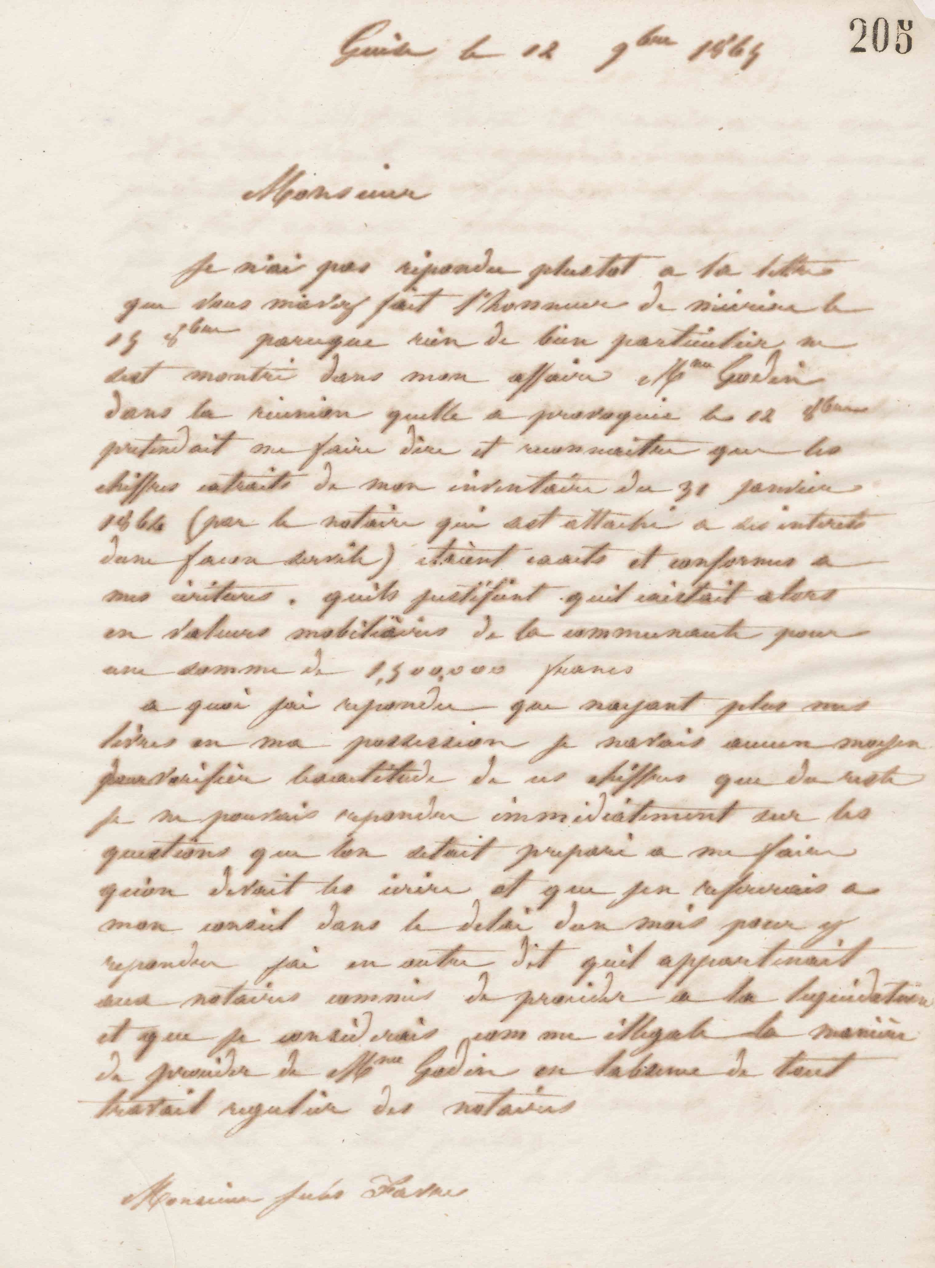 Jean-Baptiste André Godin à Jules Favre, 12 novembre 1865
