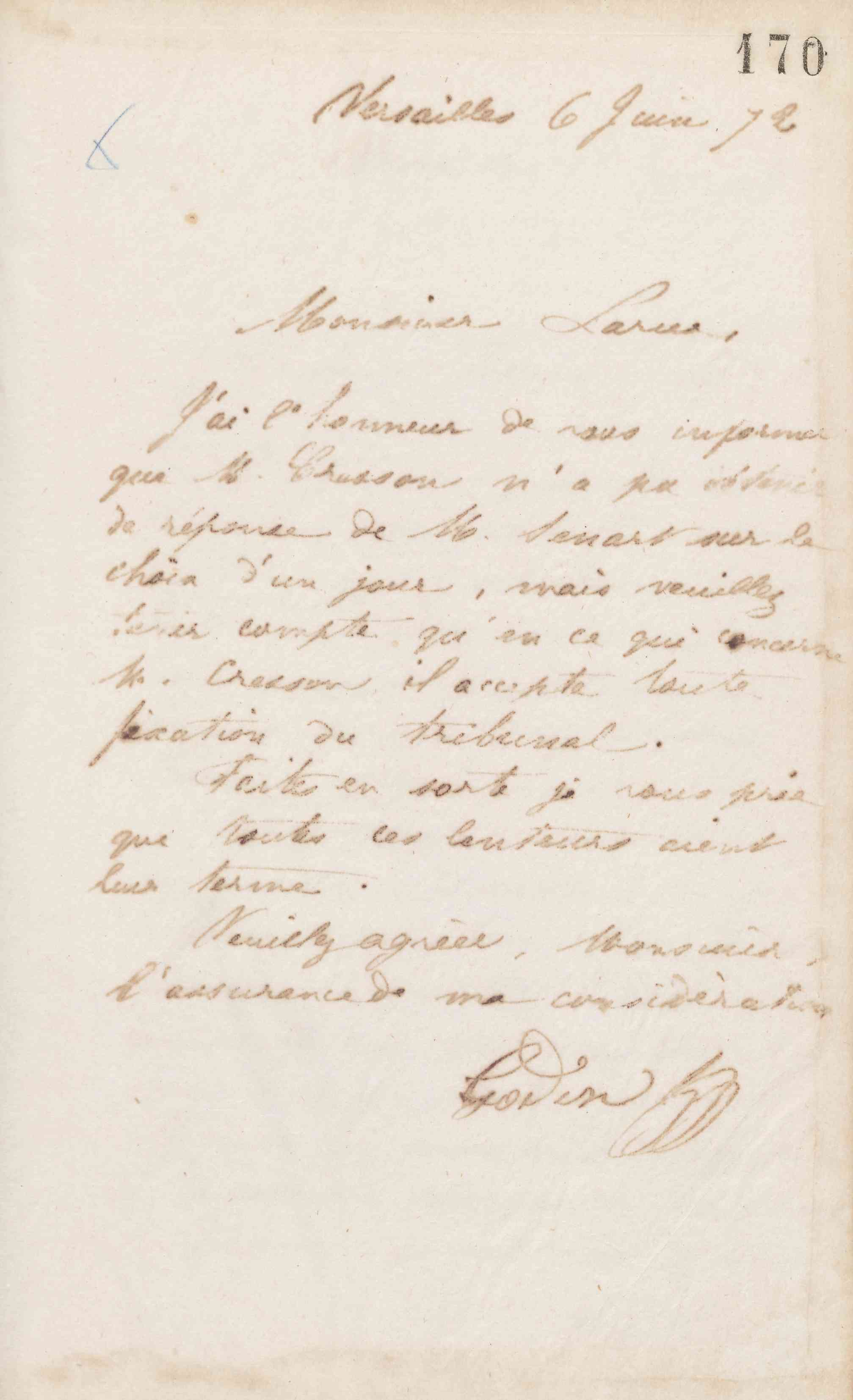Jean-Baptiste André Godin à Édouard Larue, 6 juin 1872