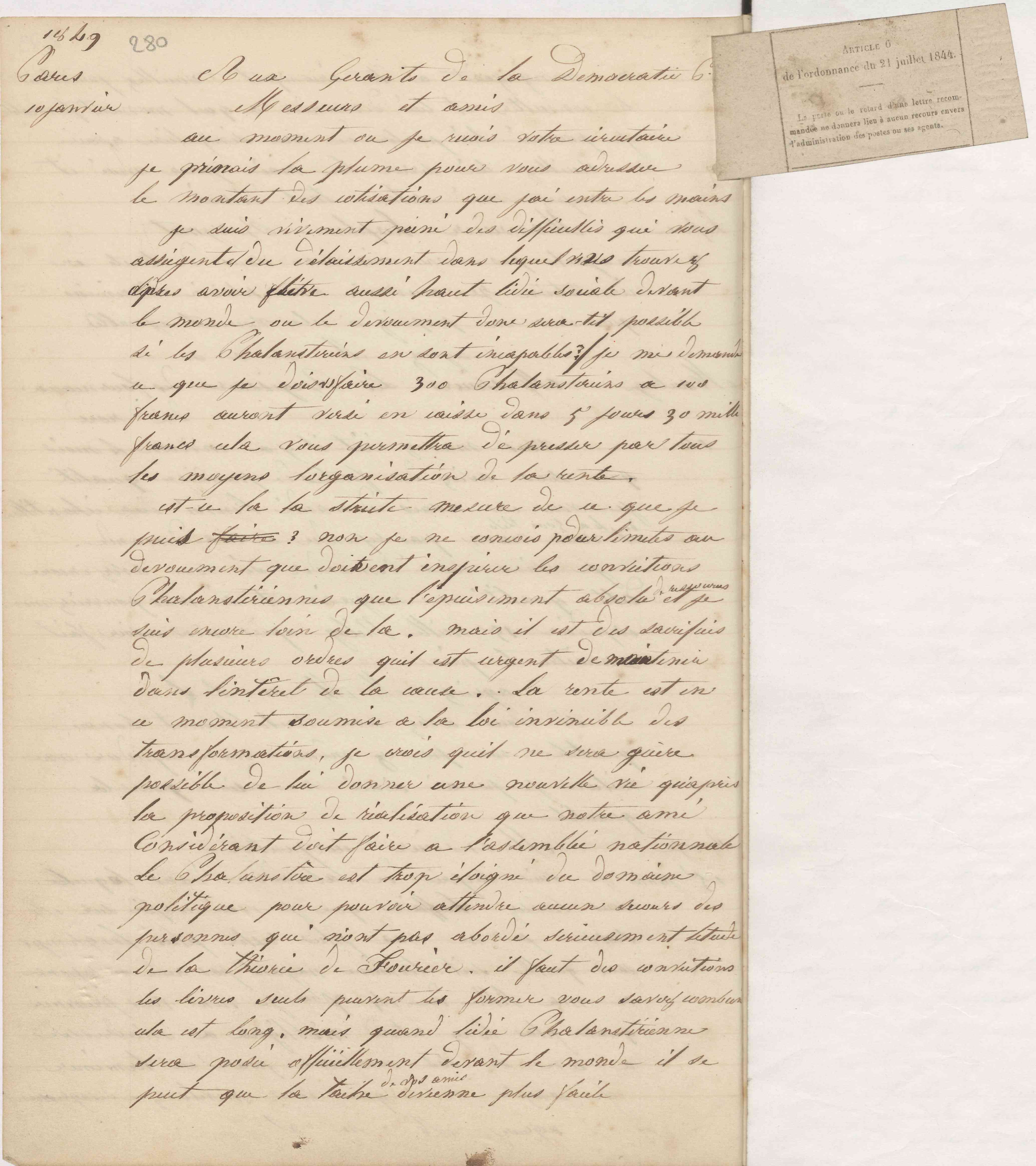 Jean-Baptiste André Godin aux gérants de La Démocratie pacifique, 10 janvier 1849