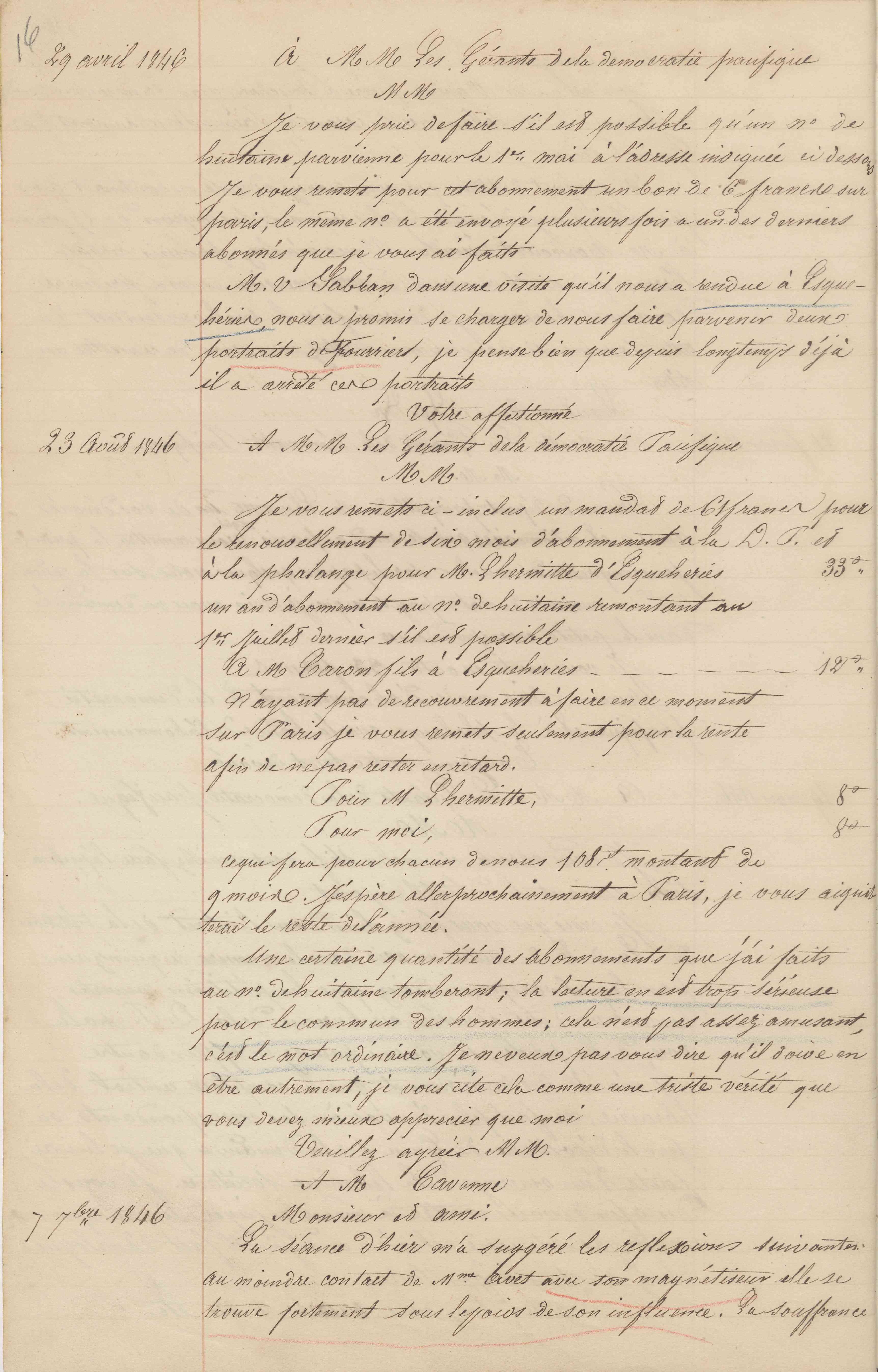 Jean-Baptiste André Godin aux gérants de La Démocratie pacifique, 29 avril 1846