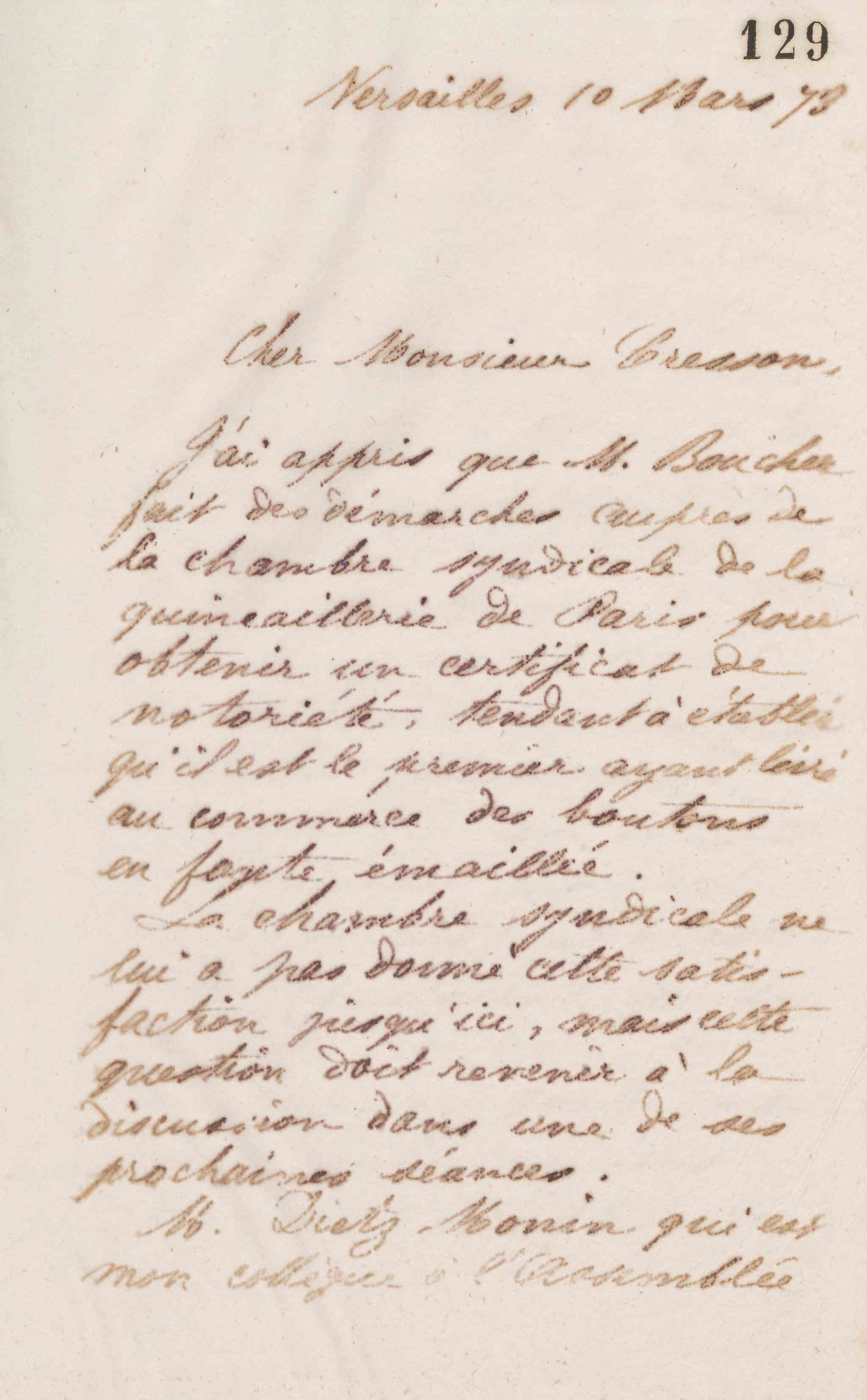 Jean-Baptiste André Godin à Guillaume Ernest Cresson, 10 mars 1873