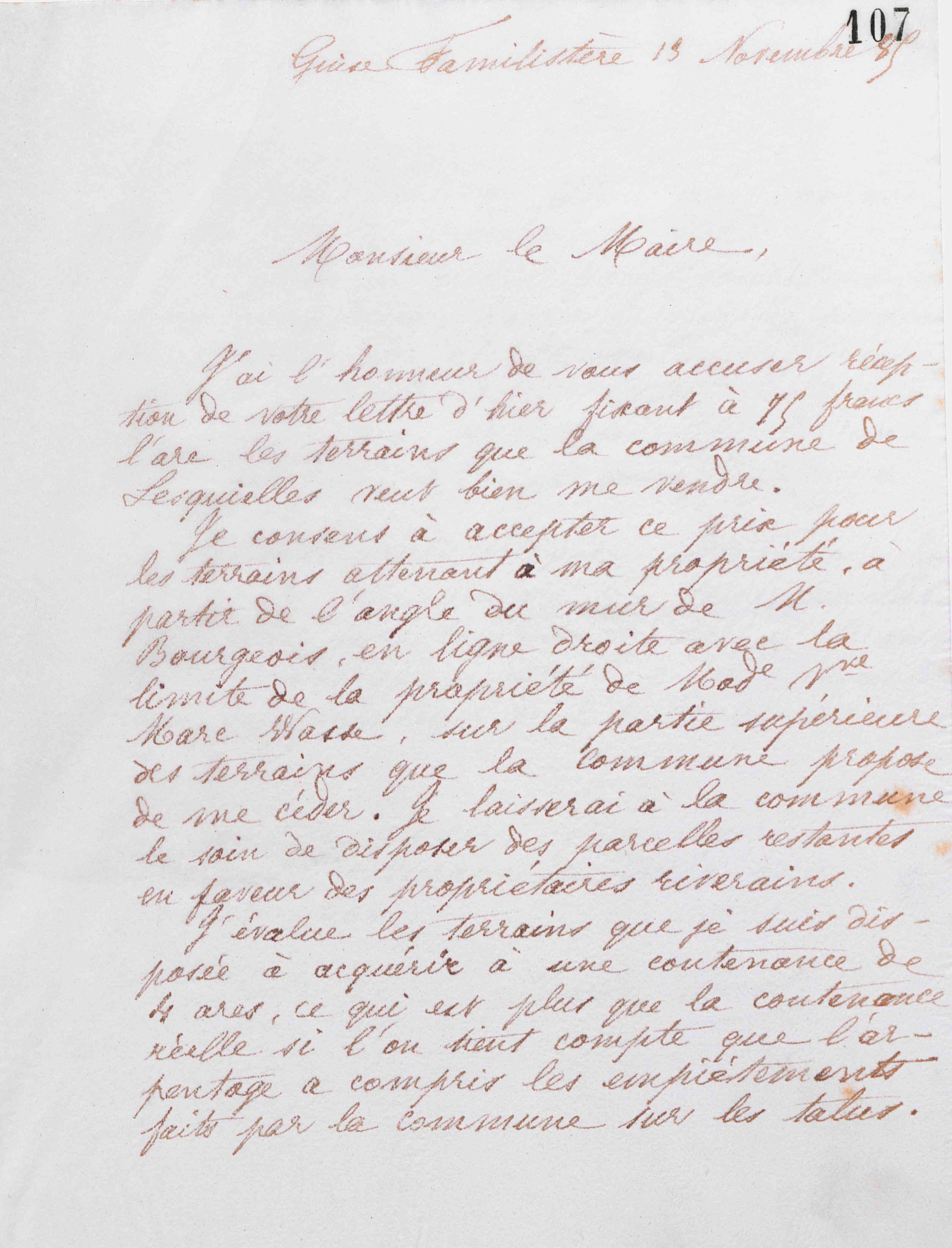 Marie Moret au maire de Lesquielles, 13 novembre 1885