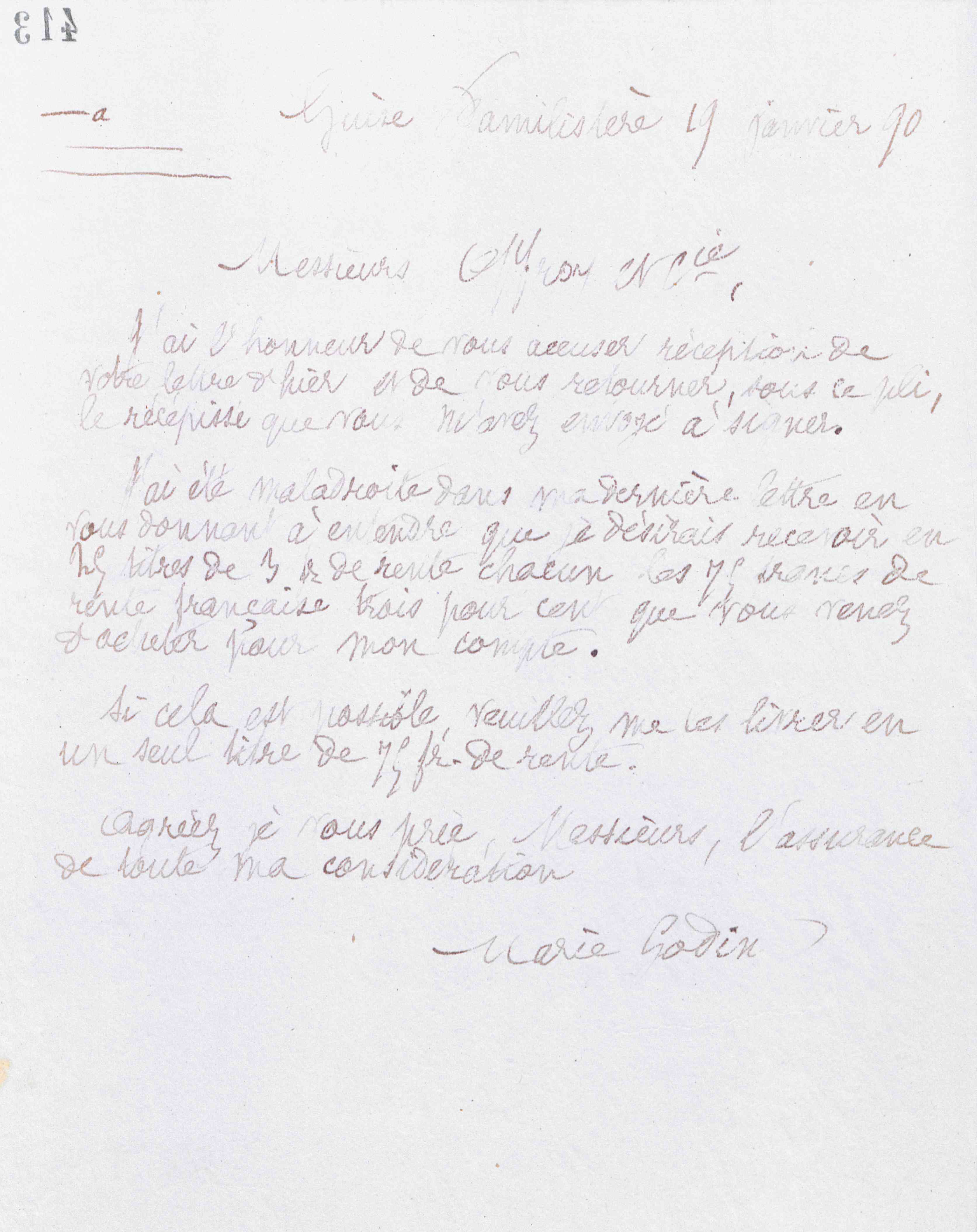 Marie Moret à Offroy et Cie, 19 janvier 1890 Marie Moret à Offroy et Cie, 19 janvier 1890