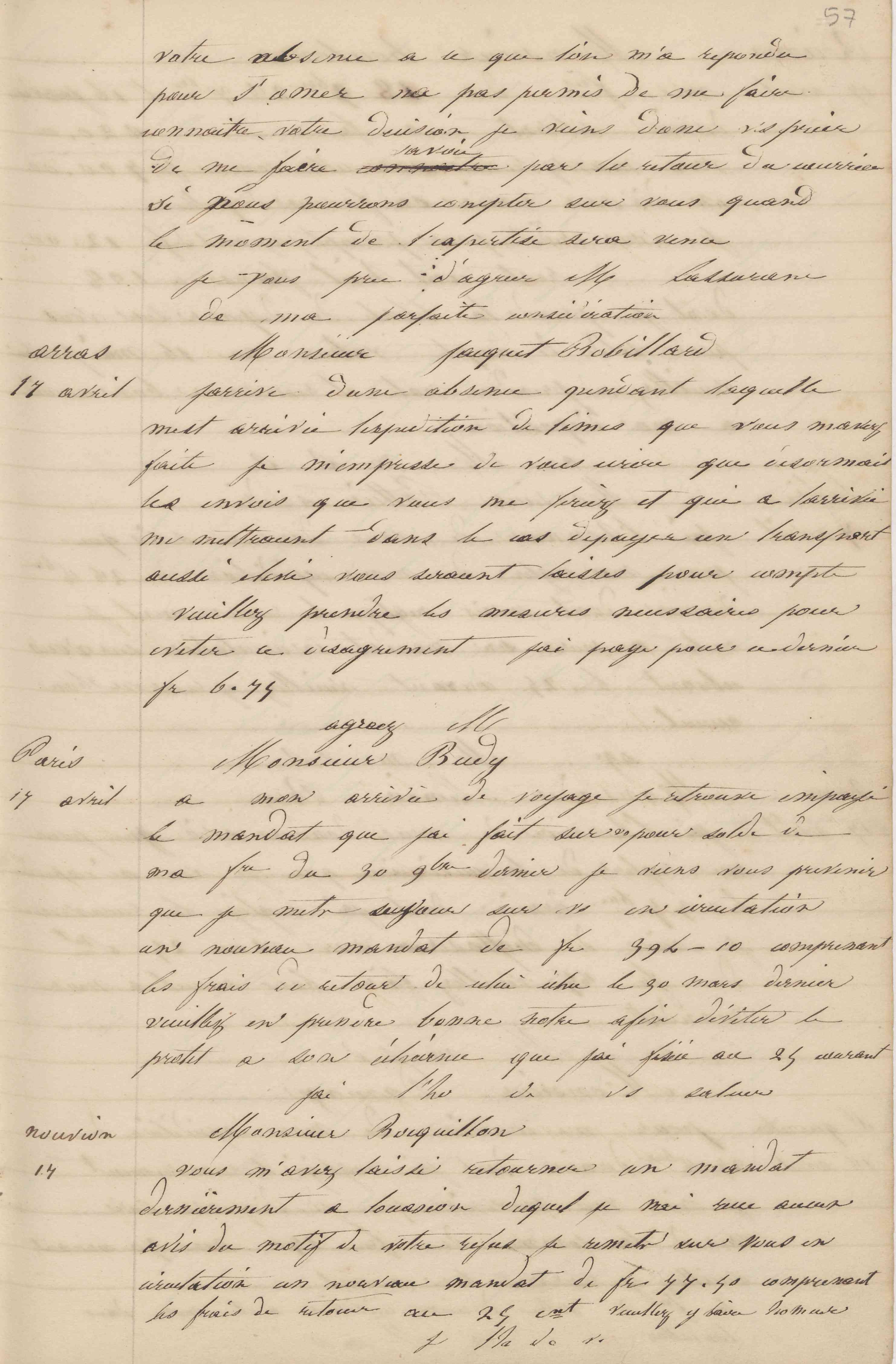 Jean-Baptiste André Godin à monsieur Budy, 17 avril 1847